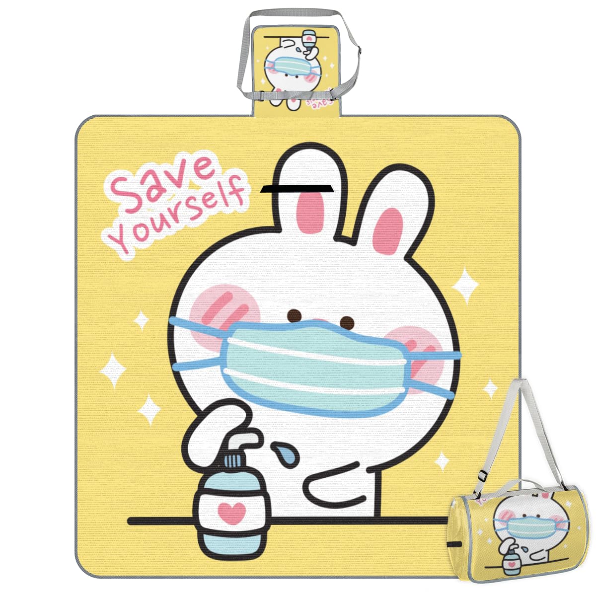 Shimoshe Picnic Blankets 57”x 59”, Masked Bunny Waterproof Sandproof Picnic Mat Lightweight Foldable Beach Blanket for Camping Park Grass Beach Outdoor Blanket