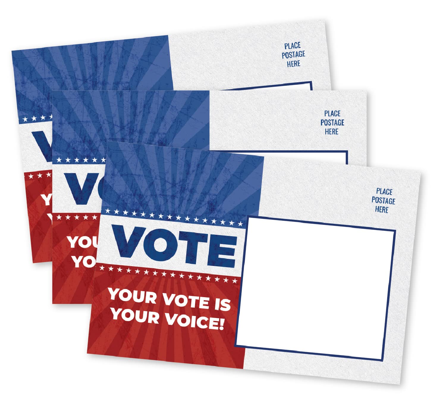 Pink Pixie Studio100 Voter Postcards Bulk 4 x 6” Your Vote Is Your Voice Message Cards Patriotic Theme Red White & Blue Flag Blank Back for Message to Encourage Voting Made in the USA