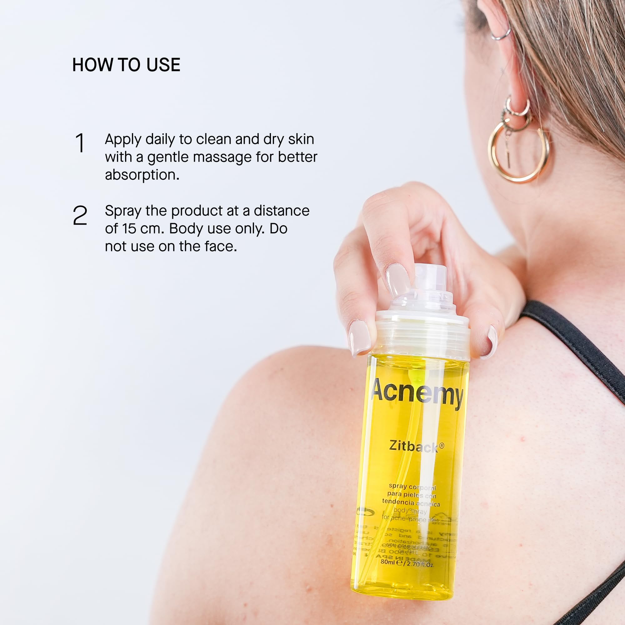 ACNEMY ZITBACK® - Anti-acne Body Spray with AHA and Lemon Water, 80 ml – Eliminates Pimples on Back and Body, Quick Drying, Oil-Free, Reduces Imperfections