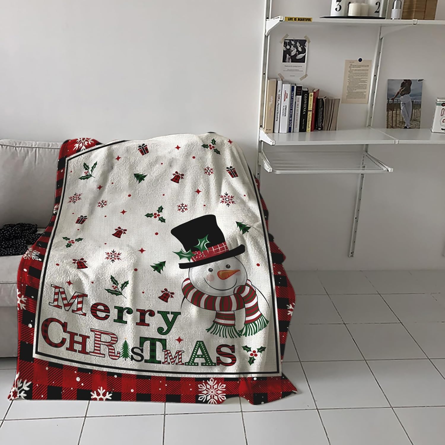 Fuzzy Fleece Throw Blanket, Lightweight Merry Christmas Snowman Snowflake Red and Black Buffalo Plaid Super Soft Flannel Bed Blankets, Reversible Plush Sherpa Blankets for Couch, Bed, Sofa 49"x59"
