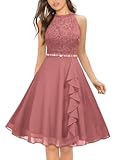 Women's Halter Neck Lace Ruffle Vintage Cocktail Party A-Line Bridesmaid Dress