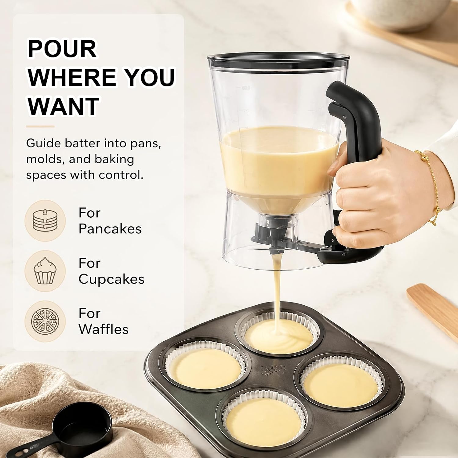 Pancake Batter Dispenser Pitcher with Sturdy Squeeze Handle, No Drip Batter Separator Pouring Tool for Pancakes, Cupcakes, Waffles, Muffins, Crepes and Cake Mix, Black Baking Kitchen Gadget