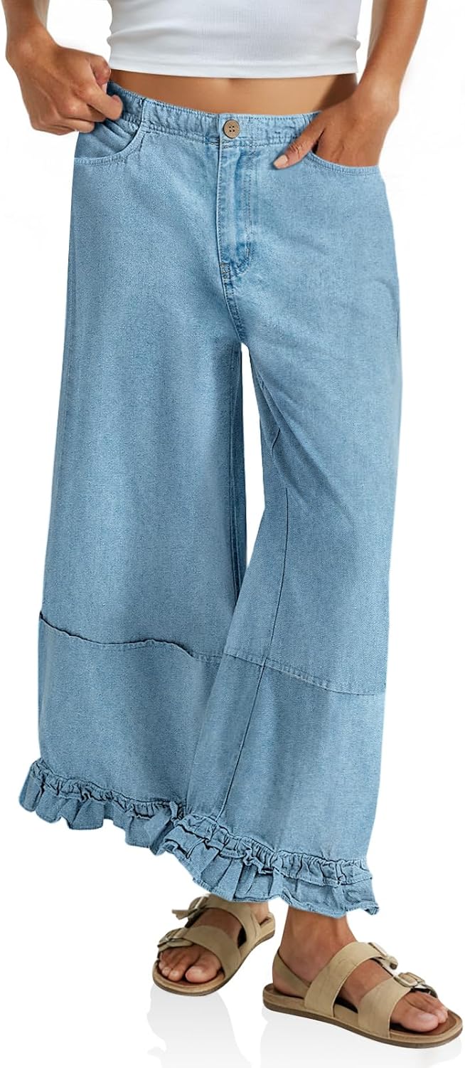 Cicy Bell Womens Ruffle Wide Leg Jeans Cropped Elastic High Waisted Baggy Denim Pants with Pockets