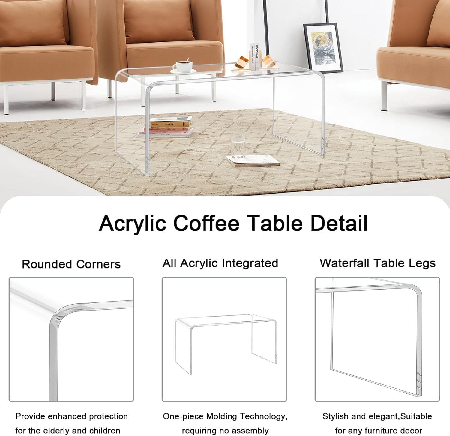 Premium Acrylic Coffee Table with PVC Cover, 32" x 16" x 16" x 3/5'' Thick Clear Modern Clear Waterfall Table, Lucite Rectangle Coffee Table for Living Room, Office and Bedroom, Acrylic Furniture