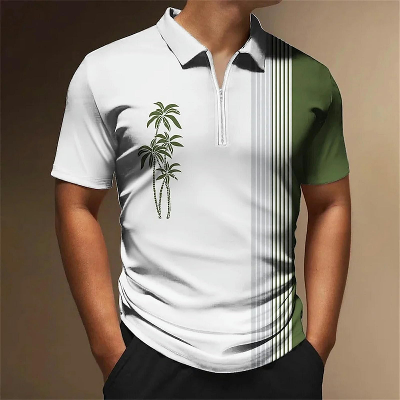 t-Shirt A Righe Uomo Estate Casual Uomo Manica Corta Top Semplice Zip-zh12099-3xl