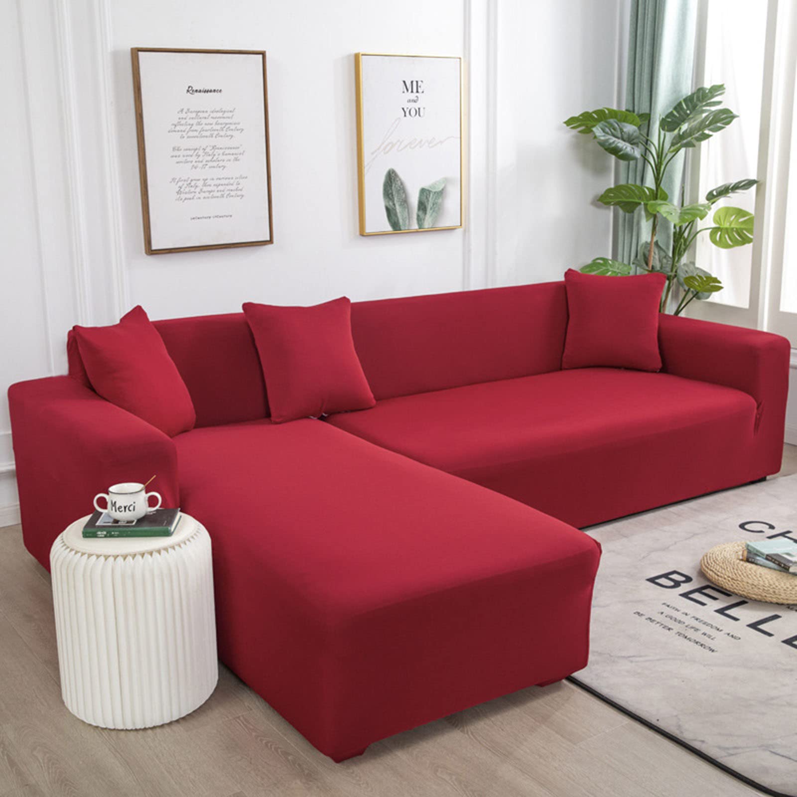 GUYIRT L Shape Sofa Slipcovers Sectional Modern Style Sofa Cover Stylish Solid Color Furniture Protector with Elastic Bottom Non Skid Foam for Living Room -Red-1 Seater(90-140cm)