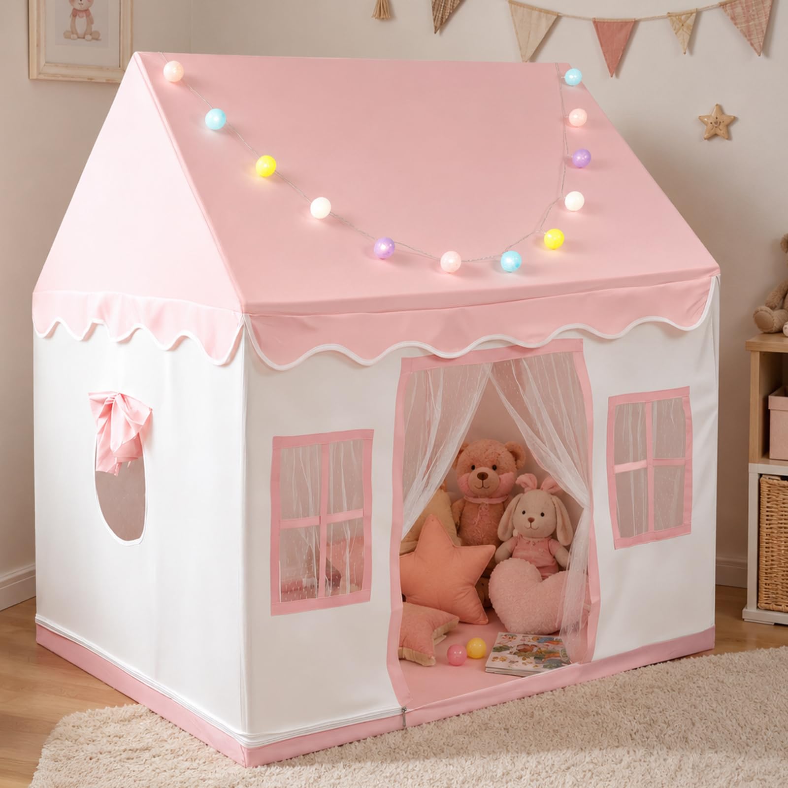 HOMGEN Pink Play Tents for Toddlers Cute Kids Playhouse Toys House for Girls Boys Birthday Gift 120 D× 100 W × 130H cm ，with Cotton Ball Lights & Star Light Chains，Easy to Clean ，Easy to Assemble