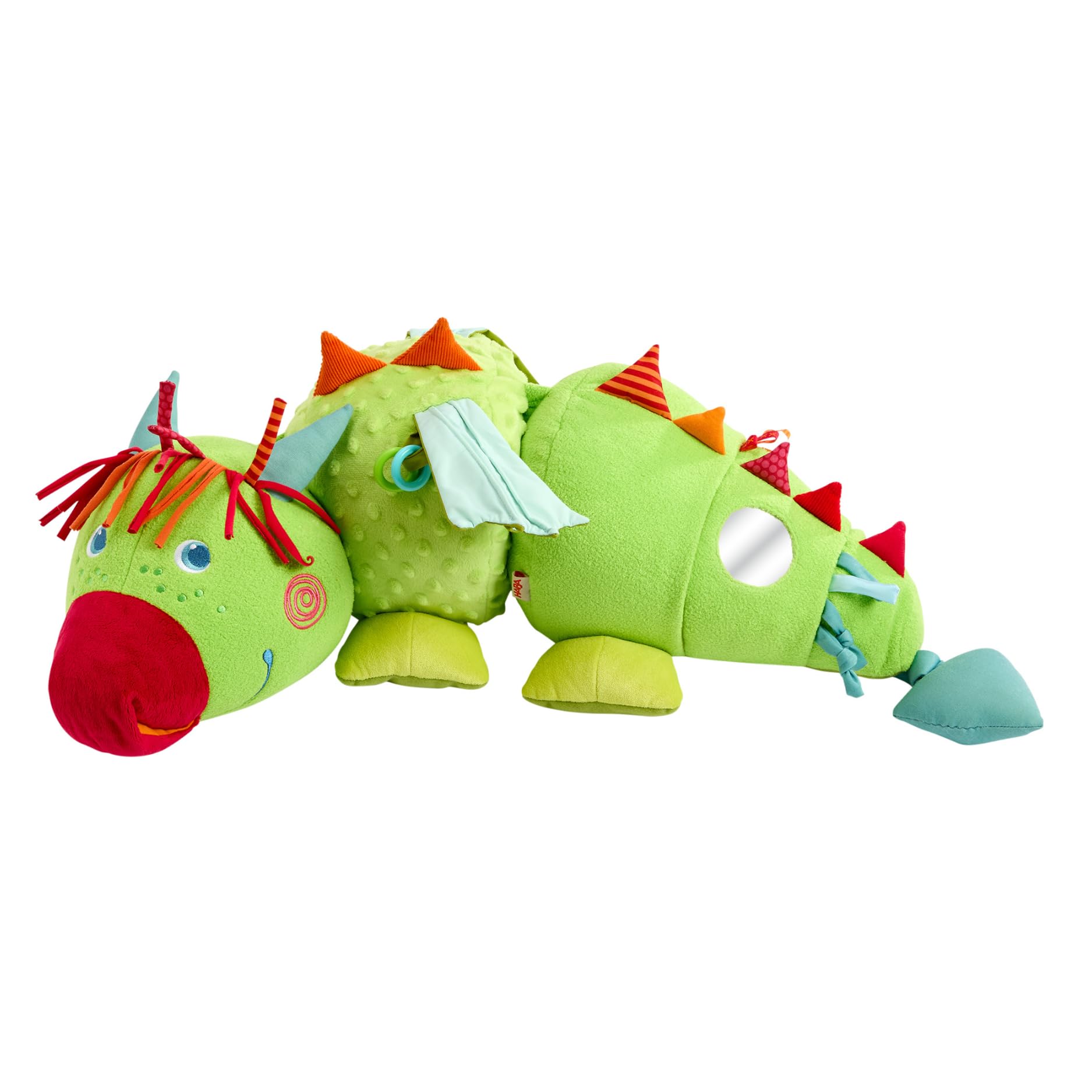HABA Entdeckertier Drache Rudy – Plüschdrache mit akkustischen & haptischen Elementen, Rassel, Quietsche und Spiegel, Kuscheltier für Kinder ab 6 Monaten – 2012334001