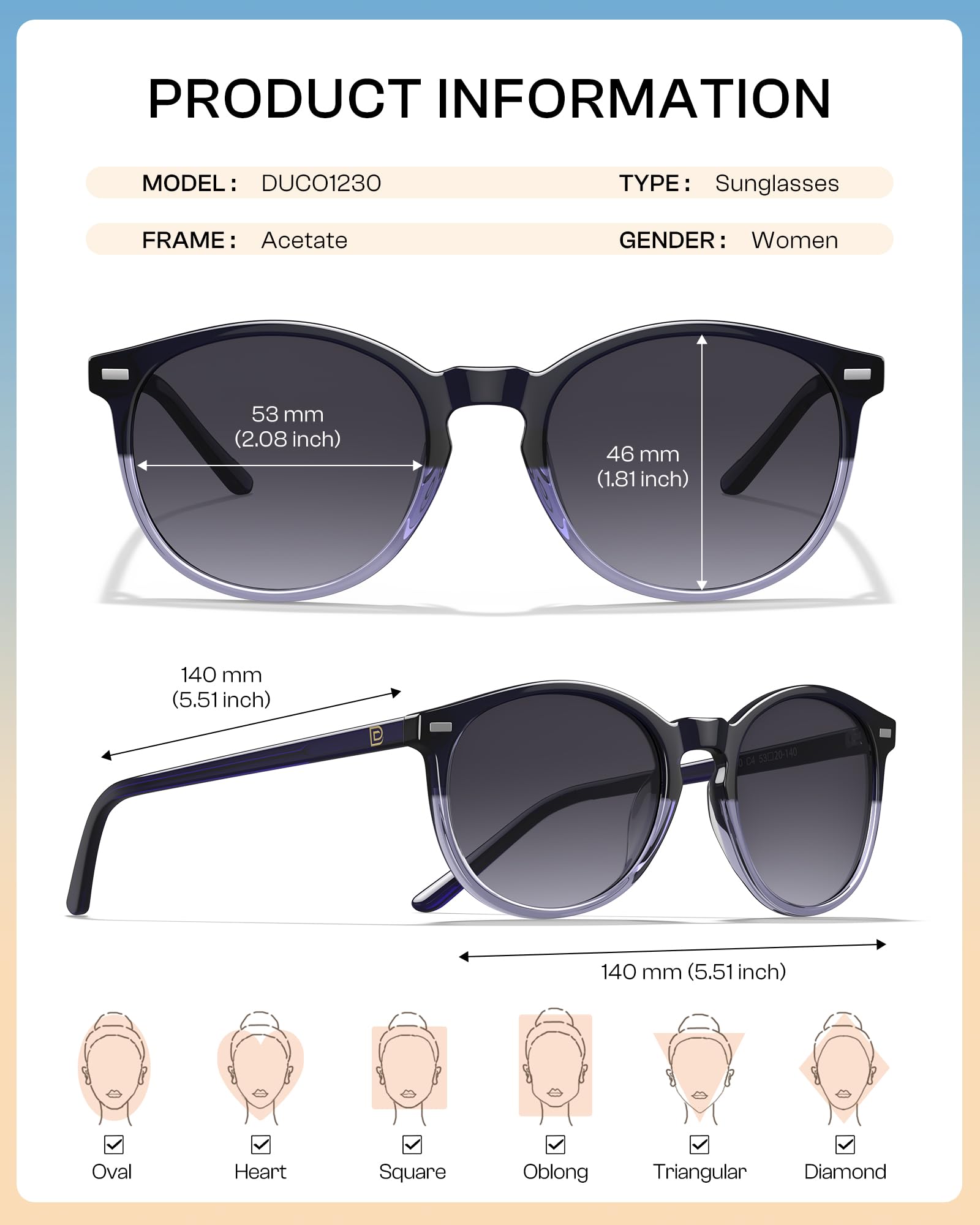 DUCO Lunettes de Soleil Femme Polarisées Mode Rétro Vintage la Protection UV 400 pour Conduire Voyager DC1230