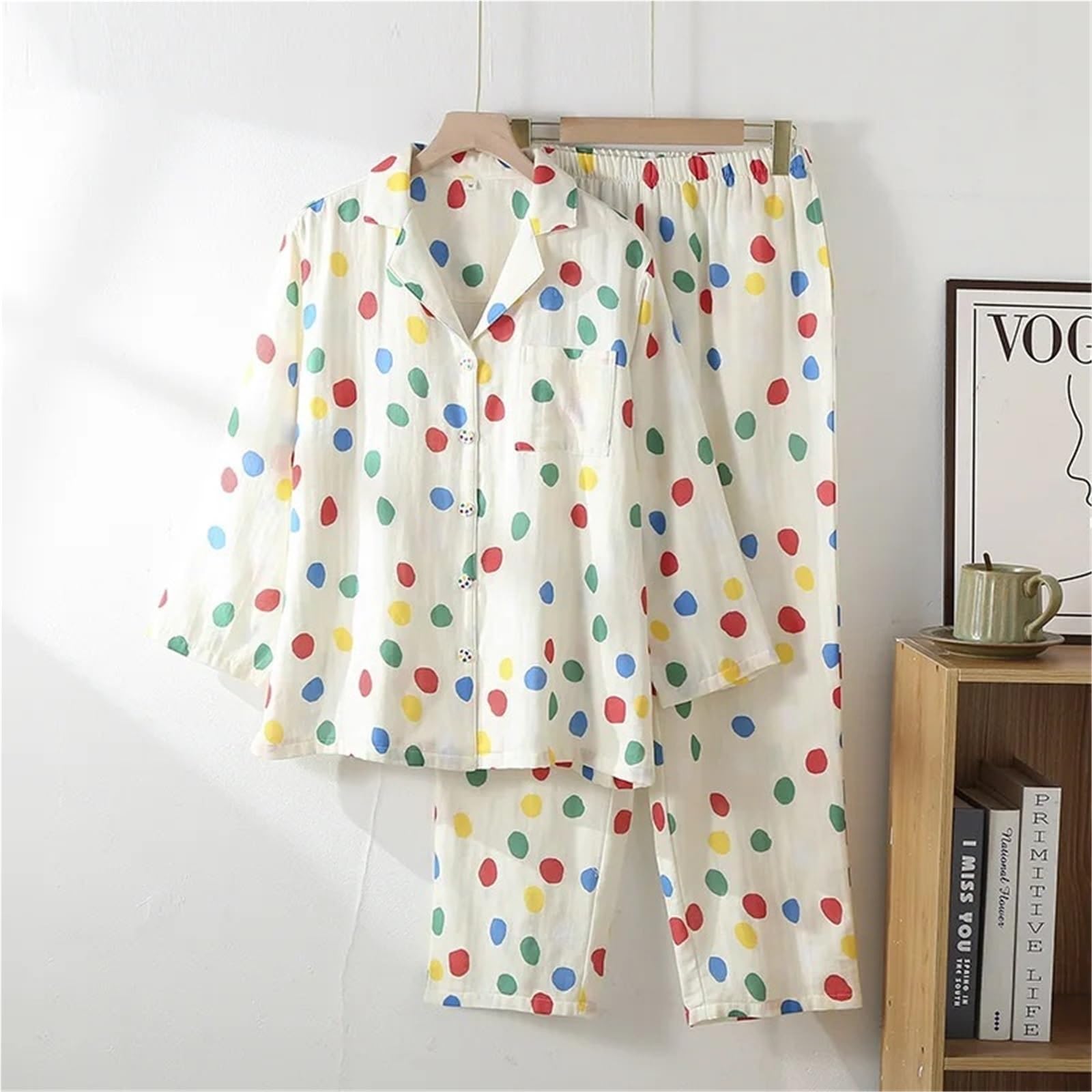 Pijamas de Gasa Doble algodón for Mujer, Ropa Descanso con Cuello Vuelto y Lunares Colores, Pantalones Finos Manga Larga, Conjuntos 2 Piezas para Descanso en casa
