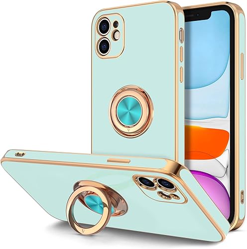 Miniatura 15 de Hython Funda para iPhone 11 con soporte de anillo [soporte de anillo giratorio de 360° con soporte magnético] [borde de oro rosa chapado en brillo]