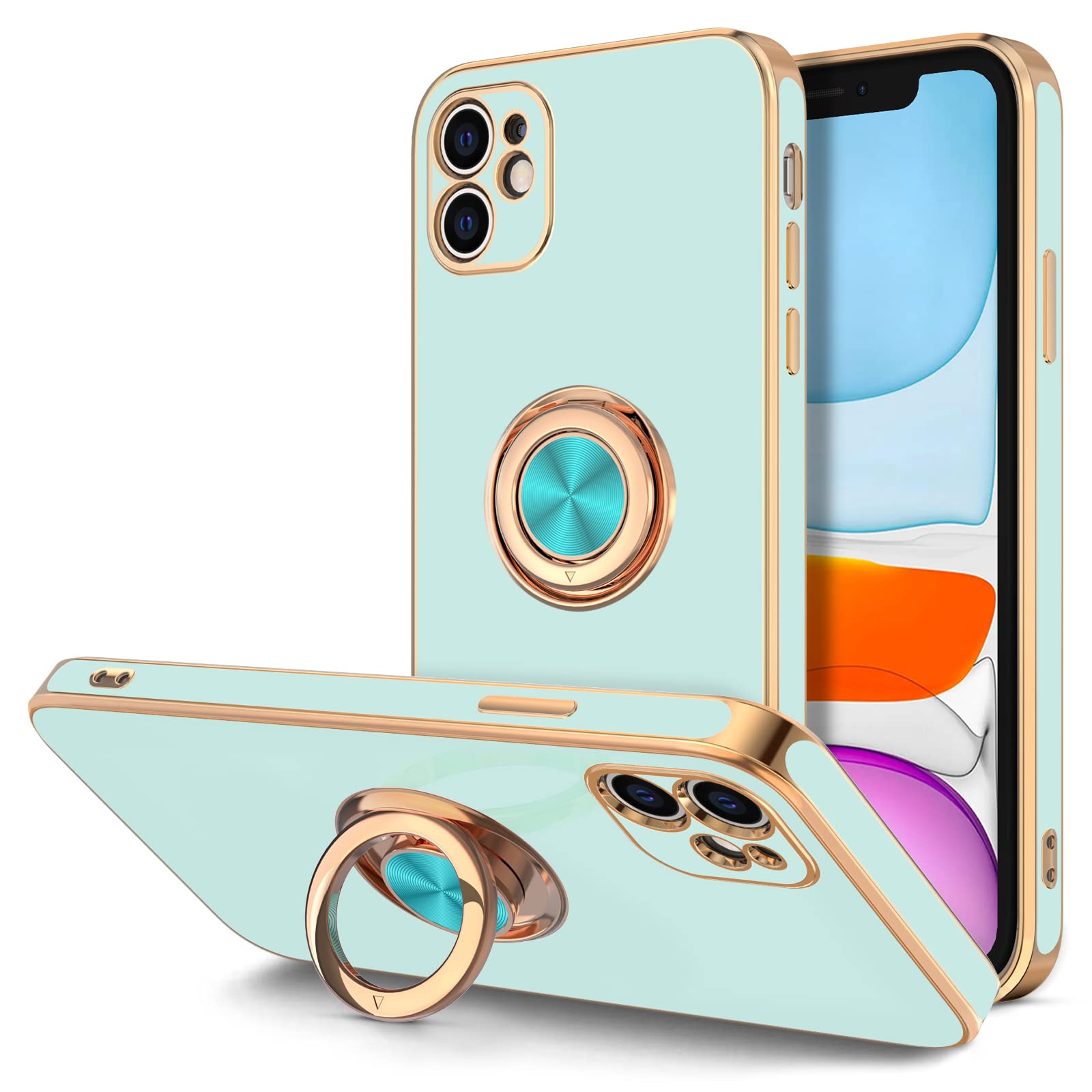 Hython for iPhone 11 Case with Ring Stand [360°Rotatable Ring Holder Magnetic Kickstand] [Shiny Plated Rose Gold Edge] Slim Soft TPU Cover Luxury Protective Phone Case for Women Men, Mint
