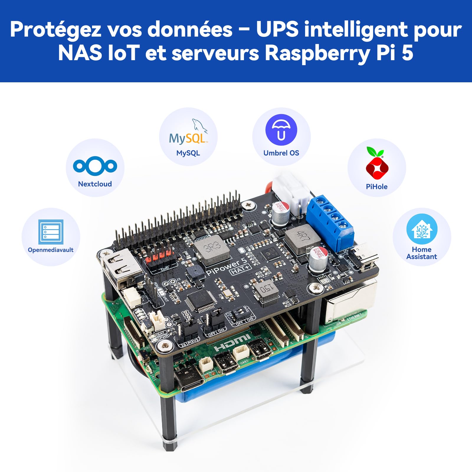 PiPower 5 UPS Hat pour Raspberry Pi 5/4B/3B+/Zero 2 W, Alimentation 5V/5A avec Batterie de Secours, arrêt sécurisé, alertes intelligentes, USB-C PD 45W pour NAS, Serveur et Home Assistant
