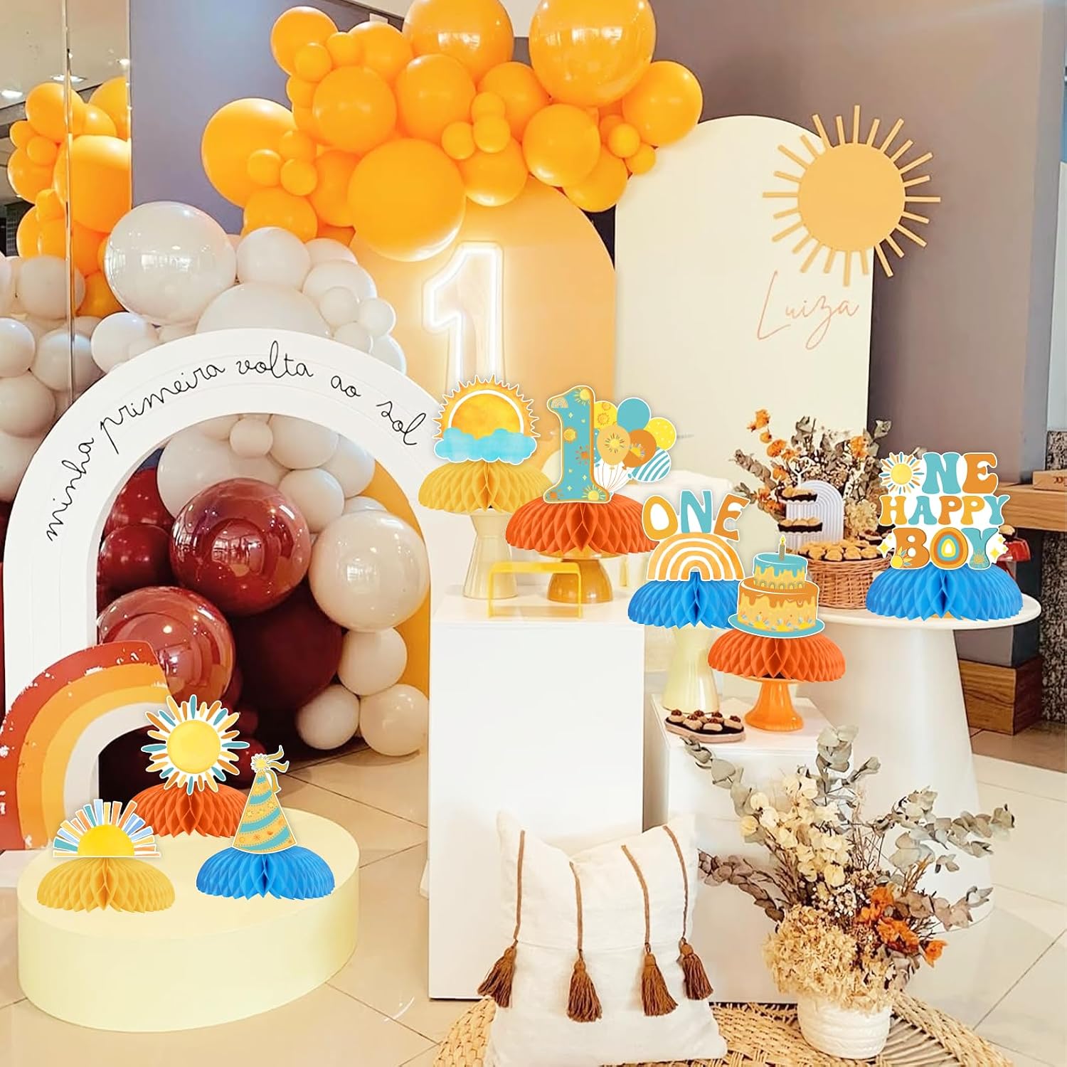 Cheereveal Sun 1st Birthday Decorations for Boy, 8 Pcs One Happy Boy Honeycomb Centerpieces, Boho Sun Theme Table Decorations, Retro Sun Theme 1st Birthday Baby Shower Party Supplies
