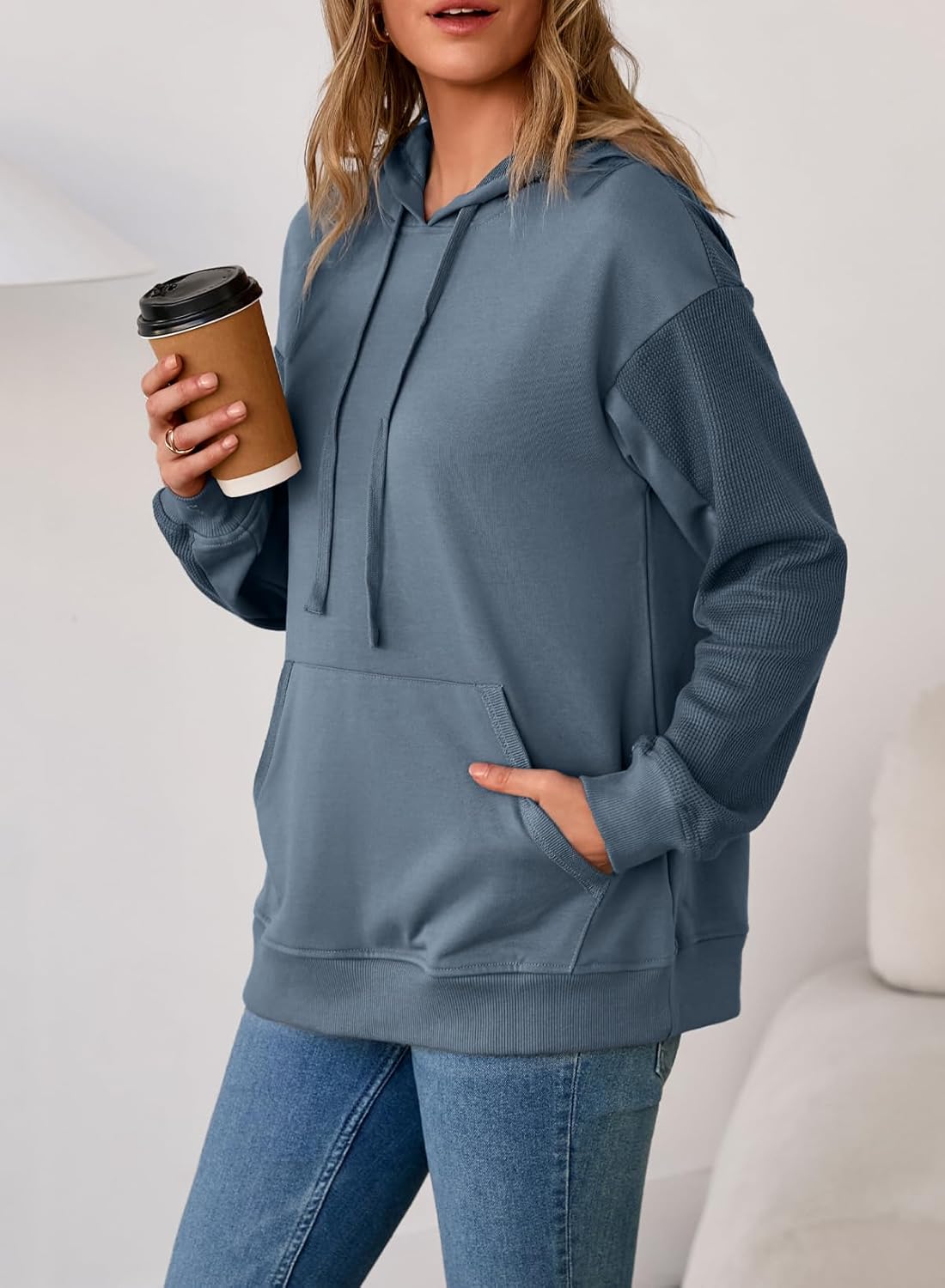 EVALESS Hoodies for Women Long Sleeve Patchwork Waffle Knit Drawstring Oversized Hooded Sweatshirt Tops Fashion 2025 - Image 2