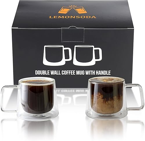 Miniatura 7 de LEMONSODA Taza de cristal de doble pared con asa, juego de 2 (8.5 onzas líquidas) con aislamiento térmico para té, café, café con leche, capuchino,