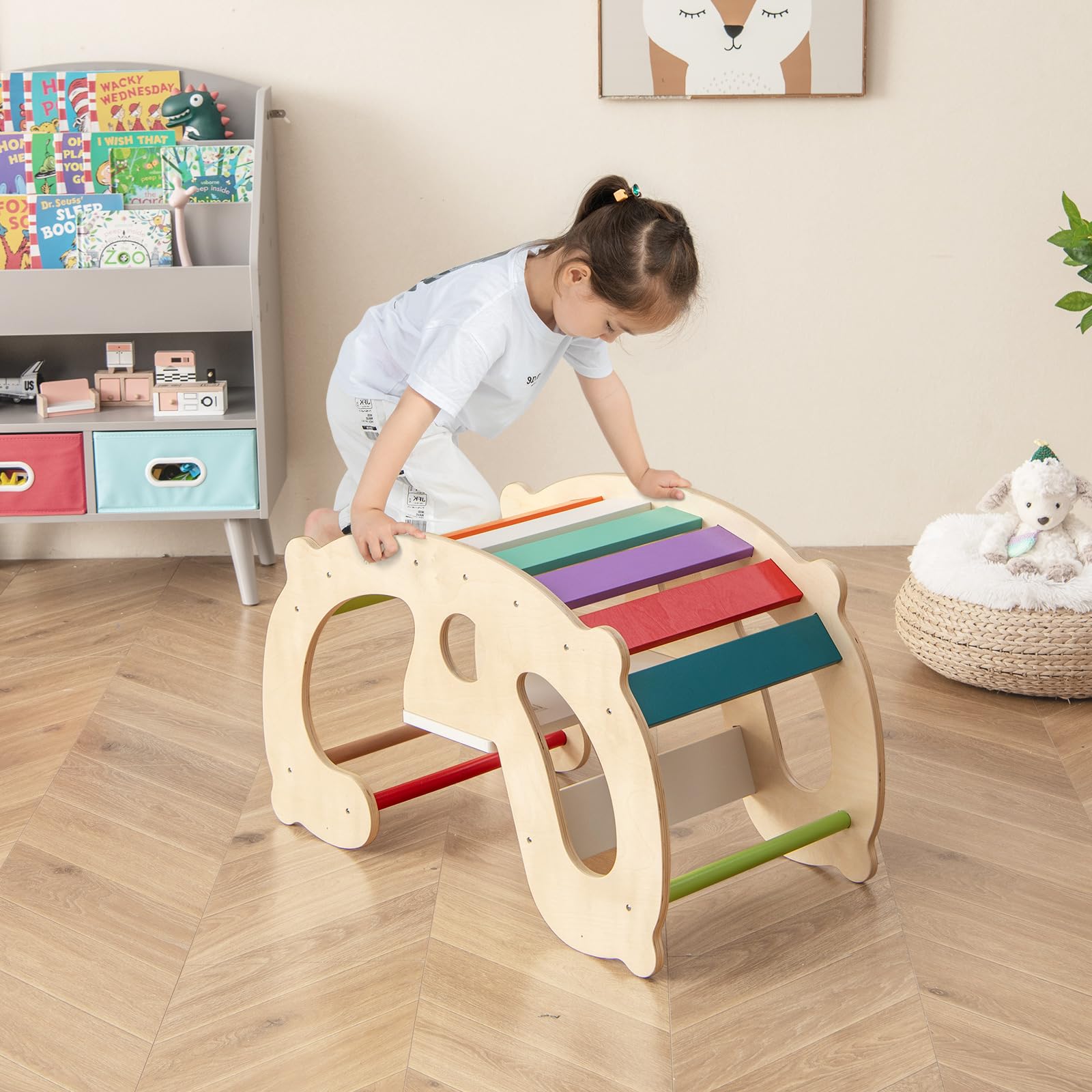 COSTWAY 2 in 1 Arco da Arrampicata per Bambini, Arrampicata ad Arco con Dondolo Schienale e Sedile, Cavallo a Dondolo in Legno per Bambini 1 Anni +