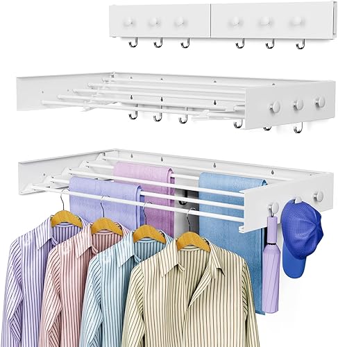 Tendedero de secado para ropa, montaje en pared, plegable, plegable, capacidad de 60 libras, 5 postes de aluminio con 6 ganchos (blanco, 31.5