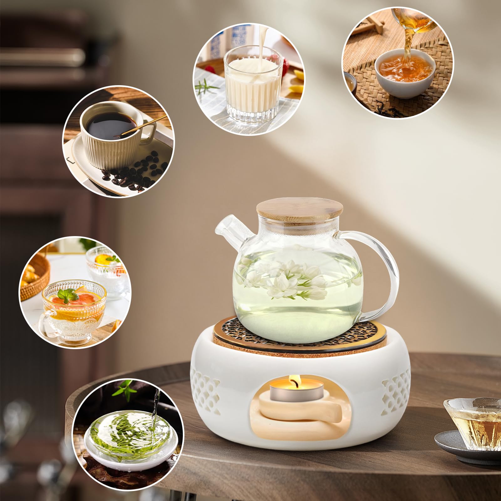 Cerámica Calentador de Tetera Pequeño Hornillo Portavelas Base Aislante Hueco Tallado Ø15 cm Blanco