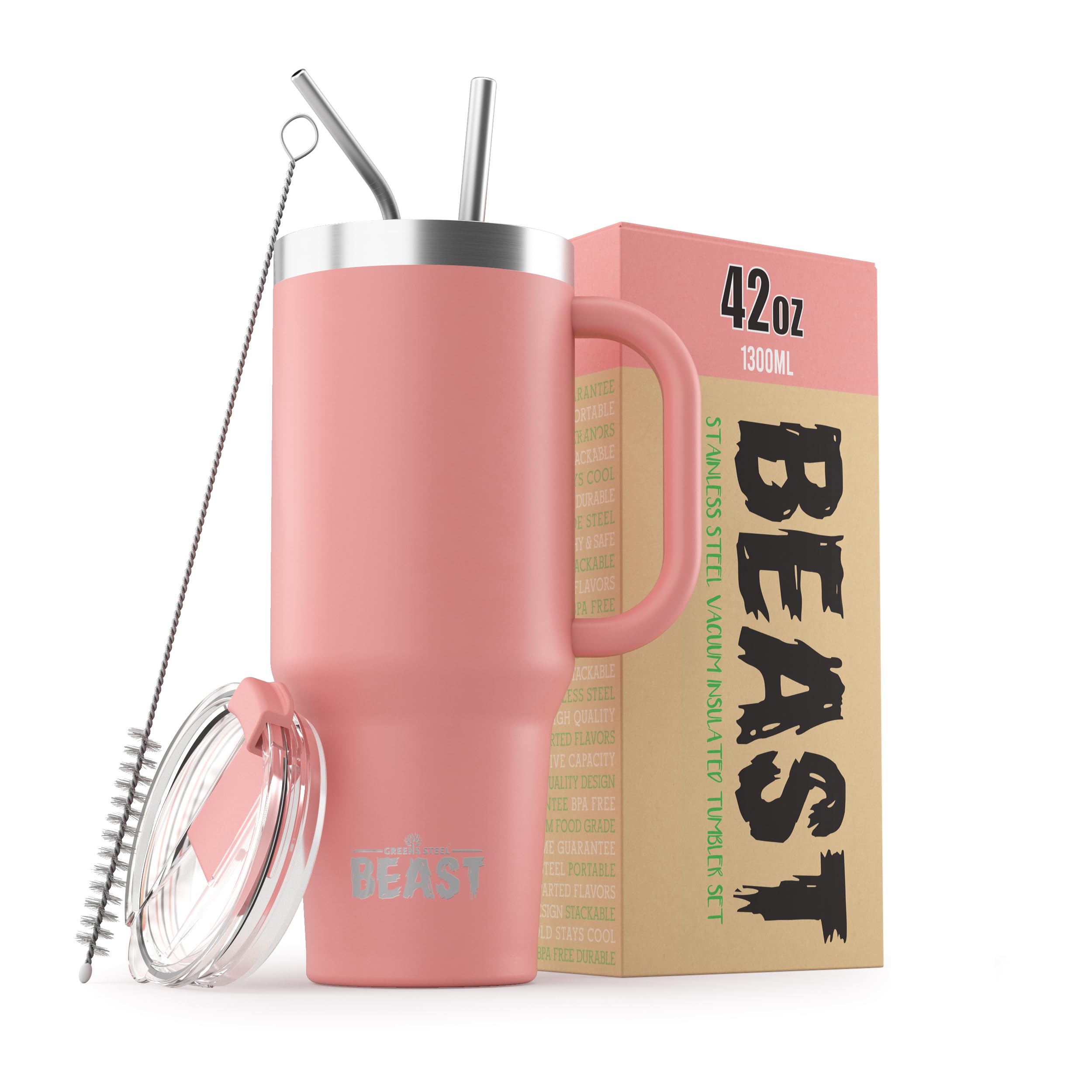 Greens Steel Beast Tumbler – 550 ml (20 oz), Coral | Vaso de acero inoxidable reutilizable con aislamiento al vacío | con 2 pajitas y cepillo de limpieza | Termo de viaje de doble pared — view 81