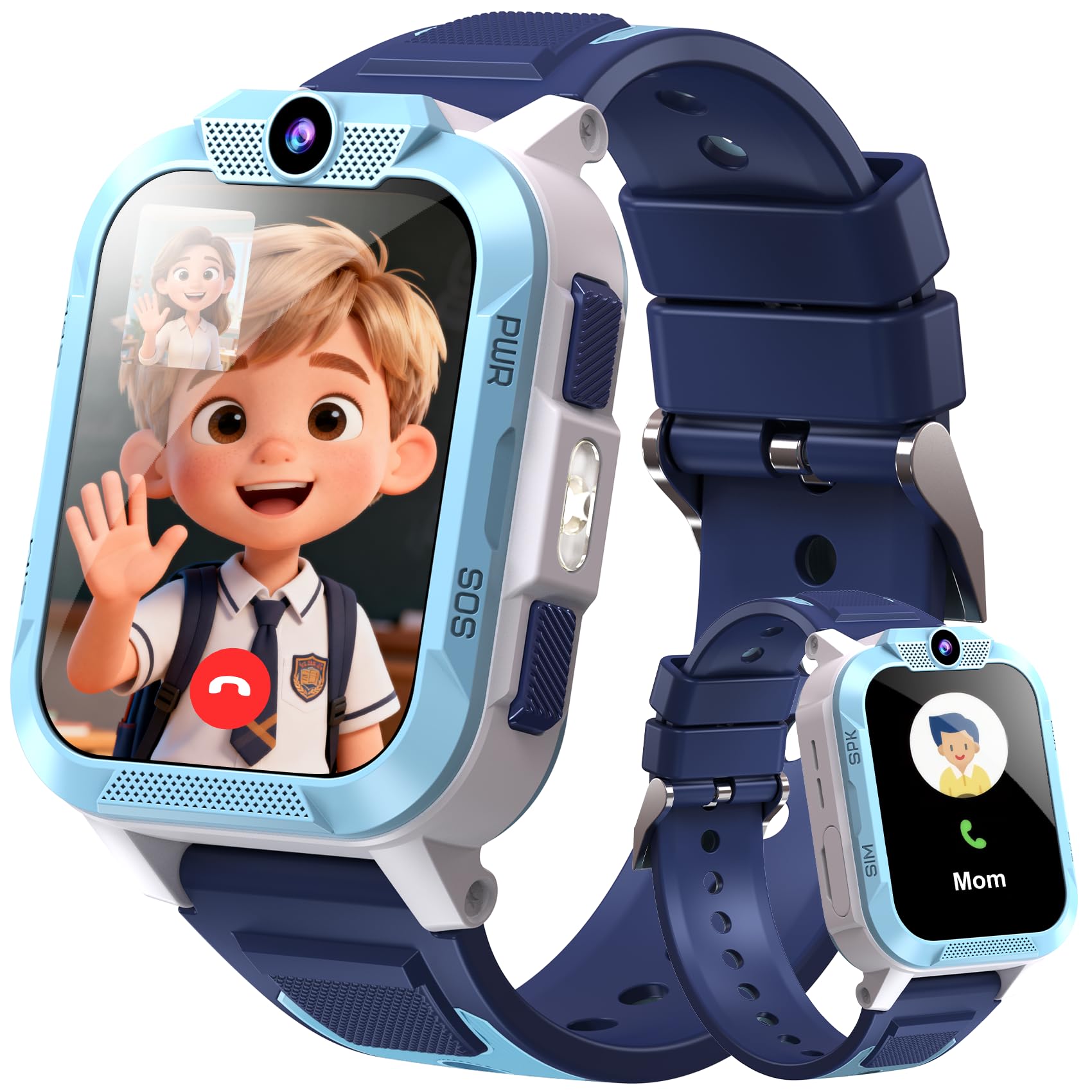 Blackview Montre Connectée Enfant 4G, Montre GPS Enfant avec Carte SIM, Appel Vidéo HD, Chat Vocal et SMS, Bouton SOS, Mode École, IP68 Étanche, Podomètre, Réveil, Cadeau Enfant Idéal, Bleu Ciel