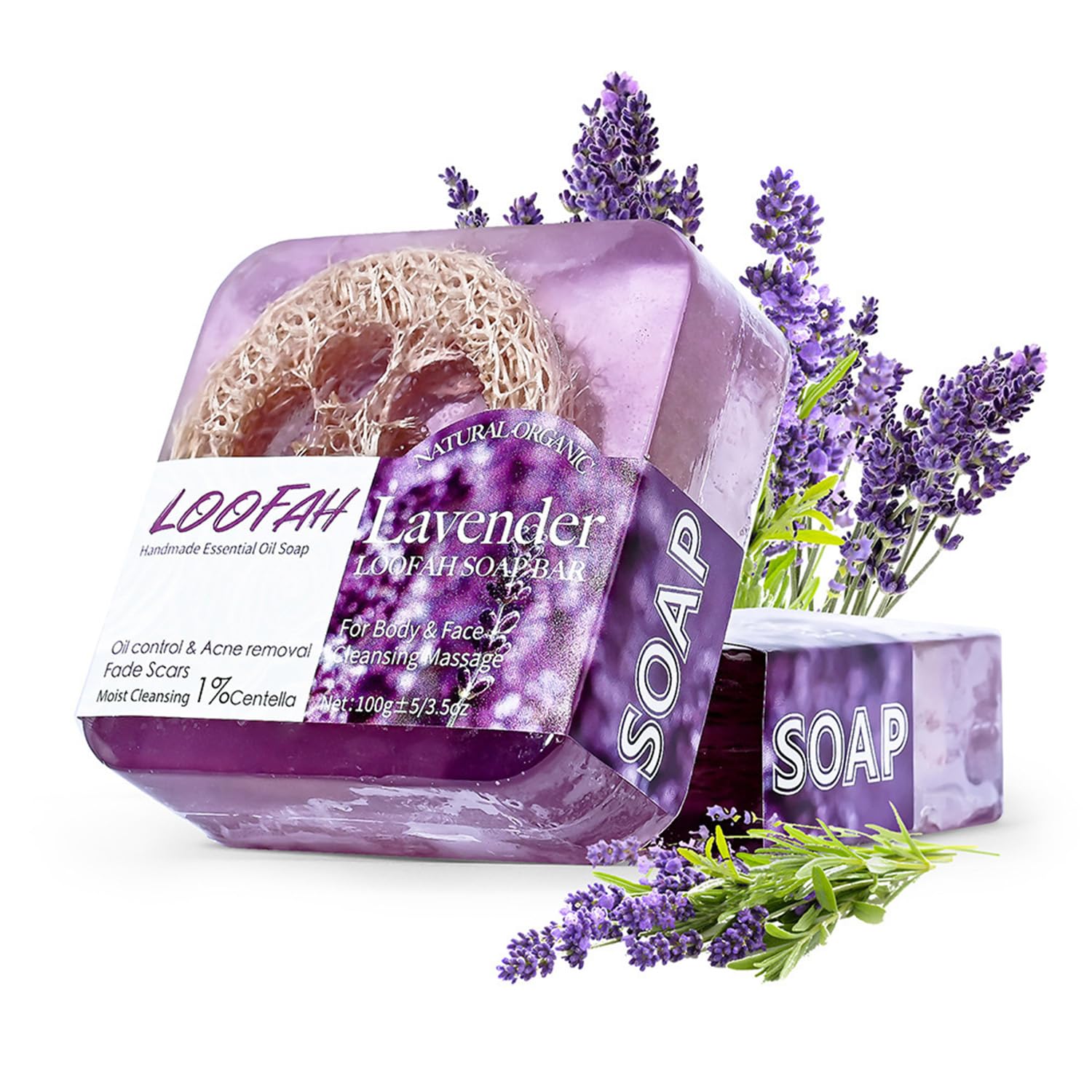 Lavender Soap Natural Lavender & Loofah Soap Bar Handmade Organic Soap, Vegan, Cruelty Free, No SLS or Parabens, Smooth Skin Acne Soap for Face and Body