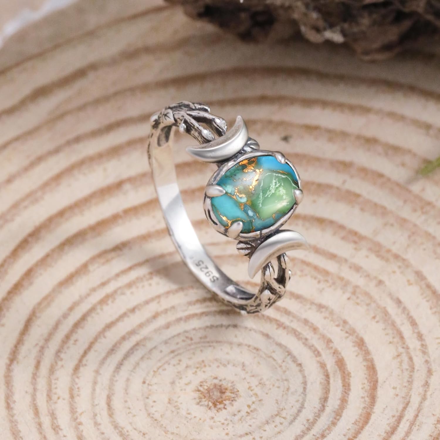 Triple Moon Rings 925 Sterling Silver Moon Phase Rings for Women Oval Moonstone/Teal Turquoise/Moss Agate Inlay Western Boho Gemstone Ring Jewelry Oxidized Silver Gift for Women Size 5-9
