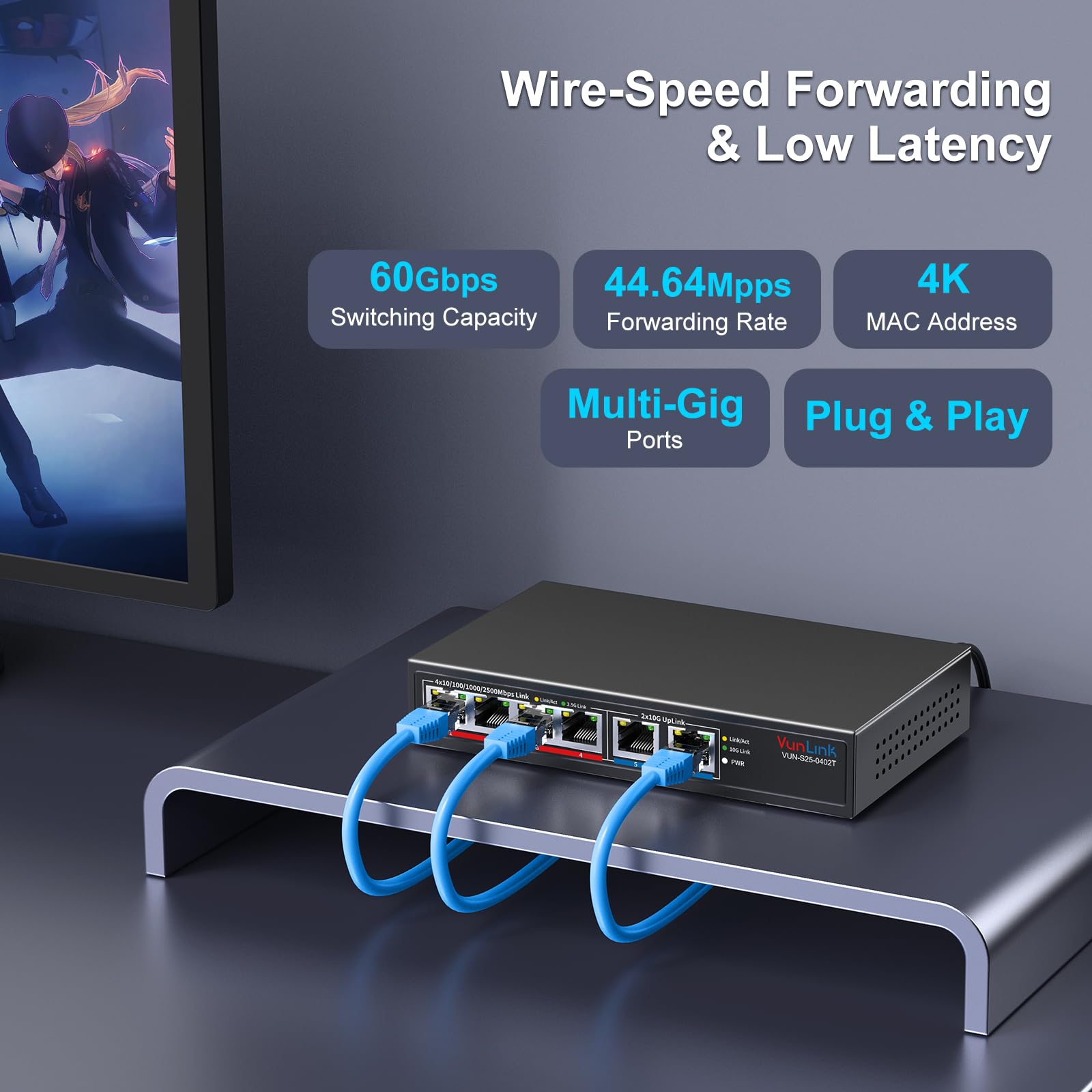 6-Port Multi-Gigabit Ethernet Switch, 4×2.5G + 2×10G High-Speed Ports, Unmanaged 10G/2.5G Netzwerk-Switch für Zuhause & Büro, Plug & Play, Desktop/Wandmontage, leises lüfterloses Metalldesign