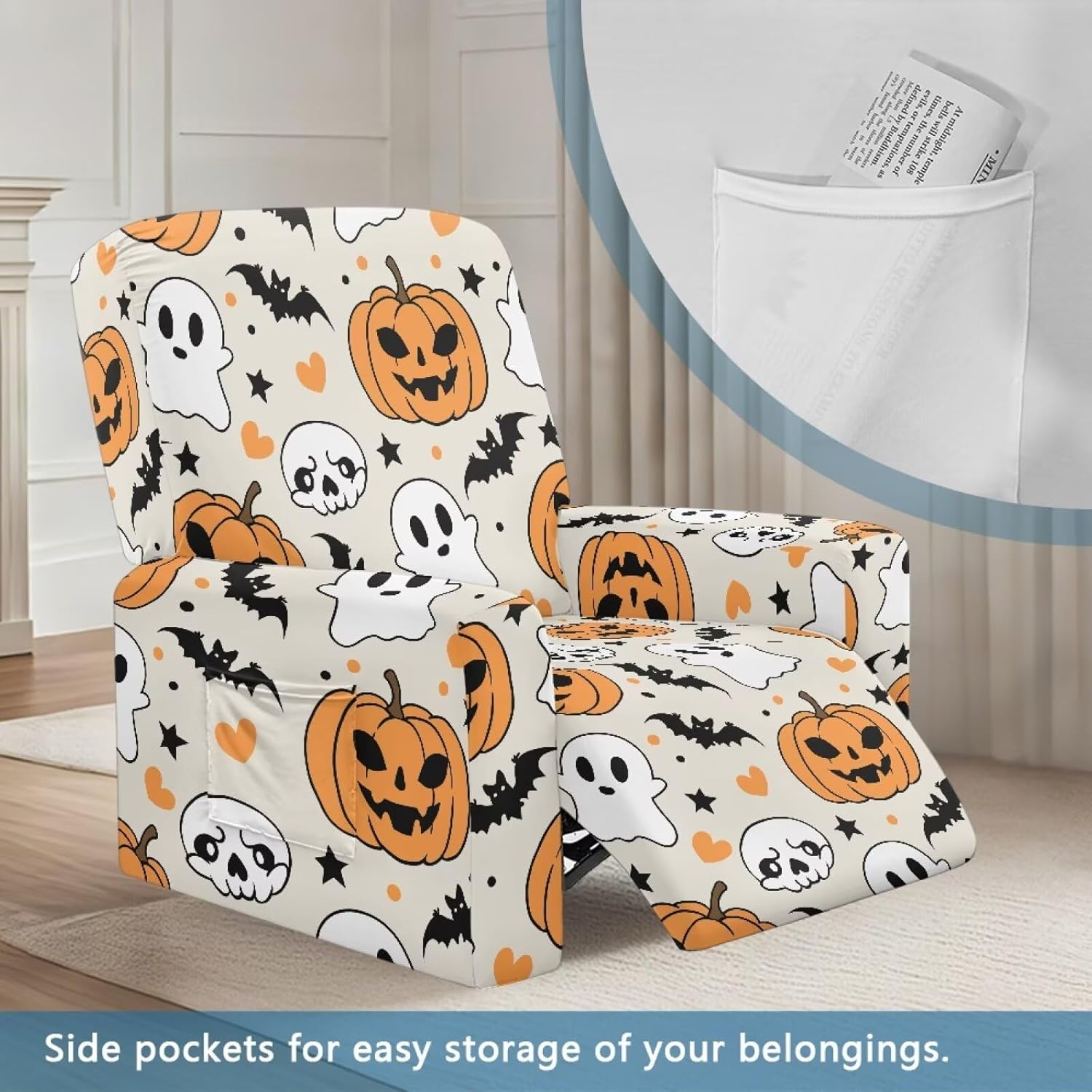 Pumpkin Ghost Magic Sofa Cover Stretch Halloween Recliner Slipcovers Chaise Lounge Covers for Pets Stretch Fabric for Refreshing Old Furniture