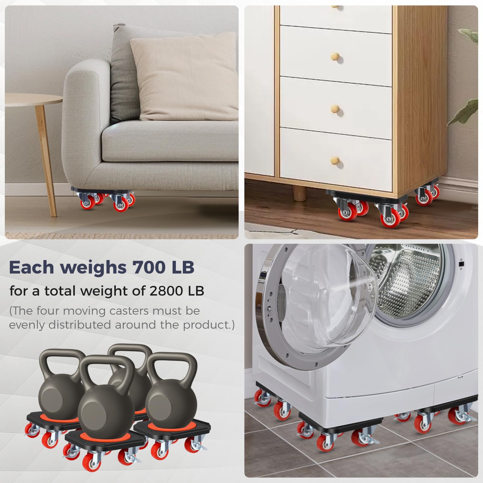 Lève-Meubles pour Charges Lourdes avec roulettes et Fonction de Freinage, Rouleau de Transport Supportant 325 Kg, roulettes de Transport à 360° pour Tous Les Sols, Kit avec Pied-De-Biche