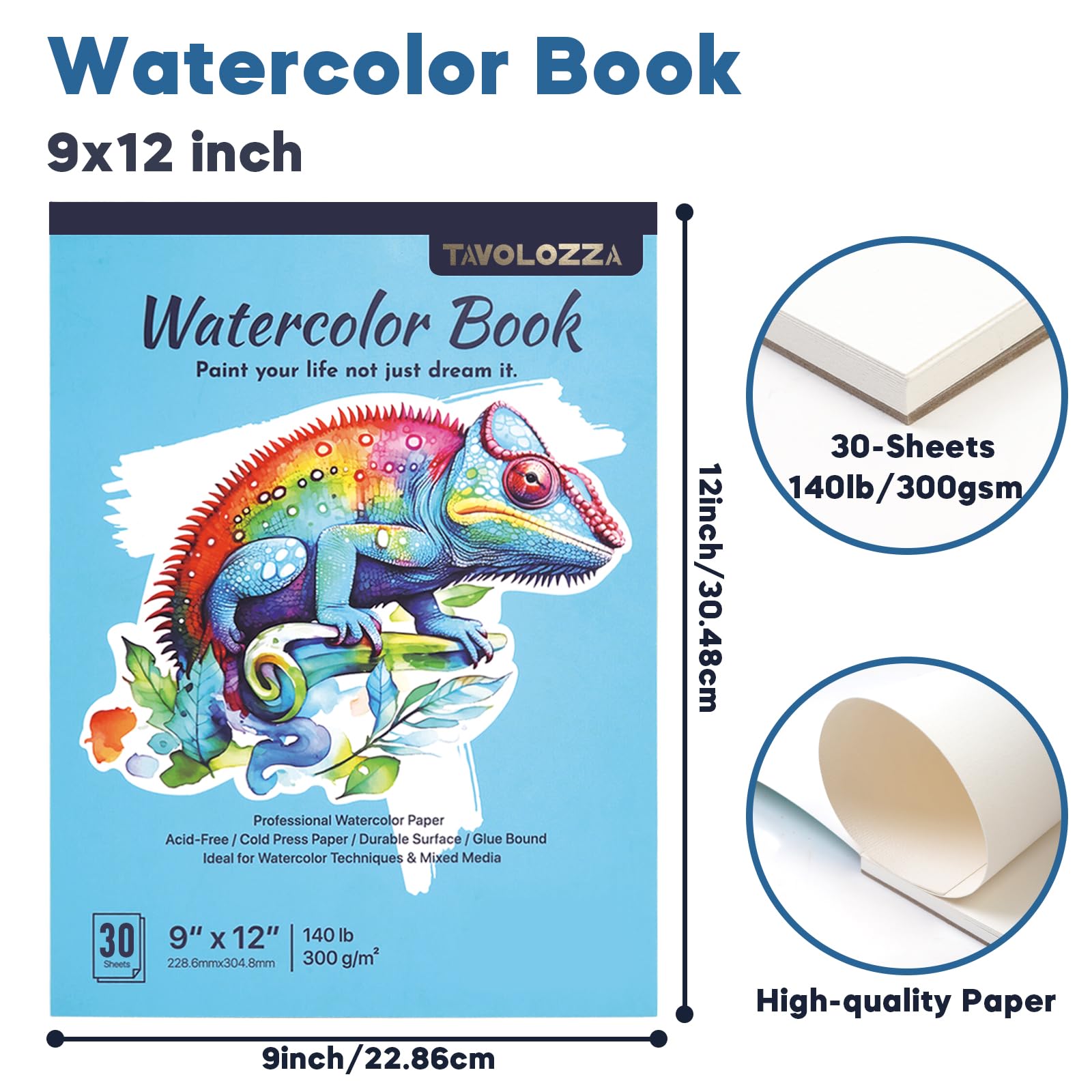 CONDA 9x12 Watercolor Paper, 2 Pack, 60 Sheets, 140lb (300gsm), Glue Bound, Cold Press, Acid-Free, Water Color Paper, Wet, Dry & Mixed Media, Watercolor Paper Pad for Artists, Adults, Kids
