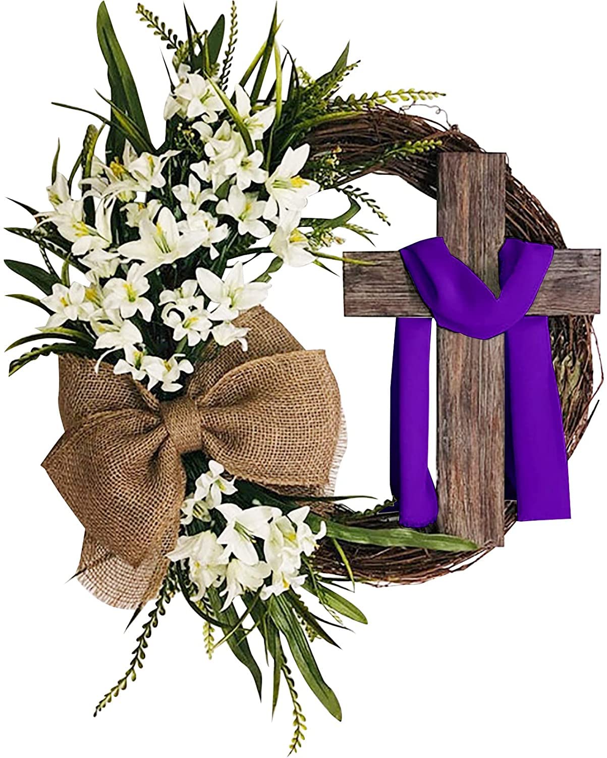 Easter Wreath Door Hanging Decoration with Cross, Bouquet Garland for Front Door Decor, Simulation Plant Flower Link Day Decorations Grape Vines Wreath (Purple Scarf)