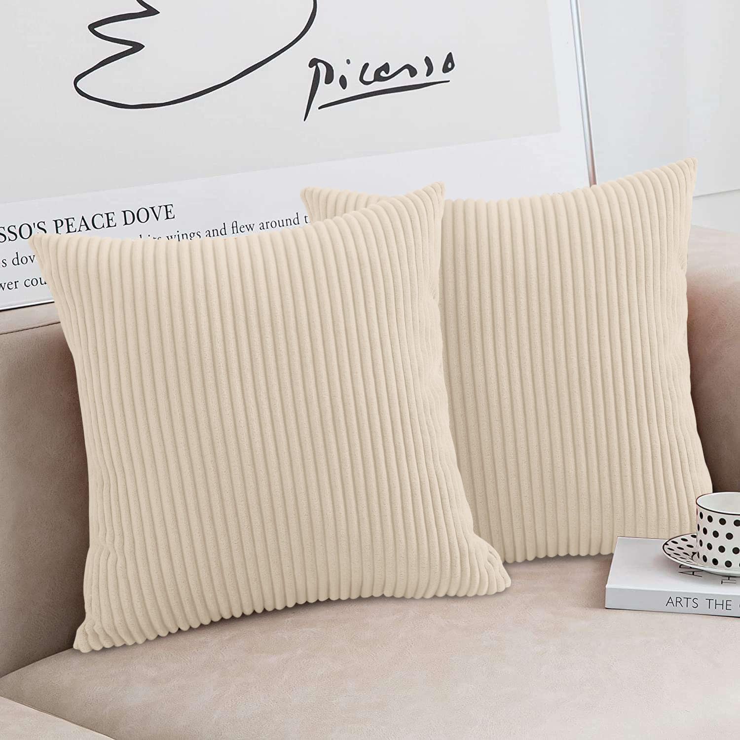Moonlight Bedding Cream Corduroy Cushion Covers Pack Of 2 (2 Covers, 2 Inserts) Decorative Stripe Throw Pillow Cases With Invisible Zipper For Living Room Bed Sofa18 X 18 Inches
