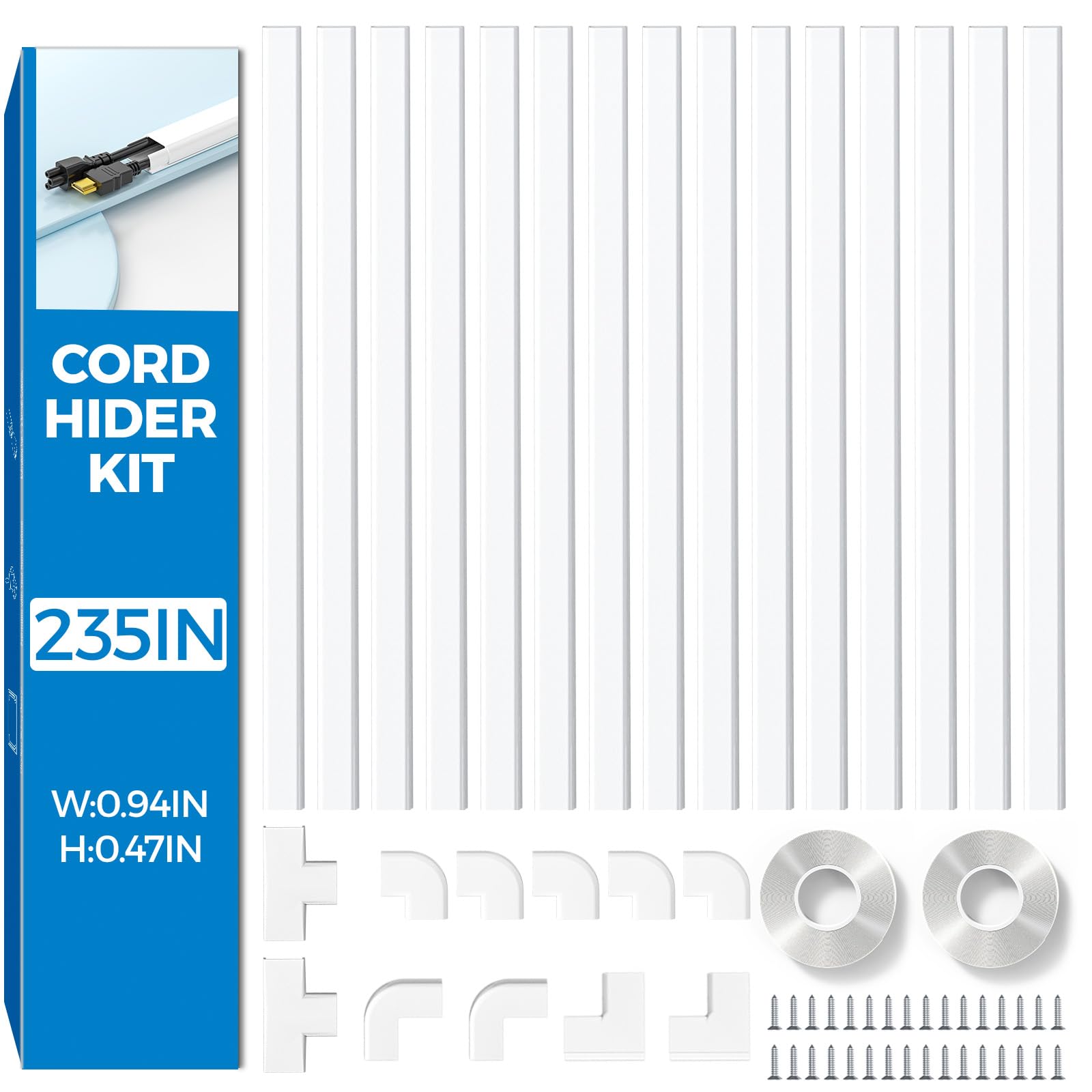 YECAYE 9 Pack White Cable Trunking, 3.6M Trunking for Electric Cables, On‑Wall Concealer Channel, Self‑Adhesive Tape, Wire Hider, Cable Management & Cover for Home Office, W24mm H12mm
