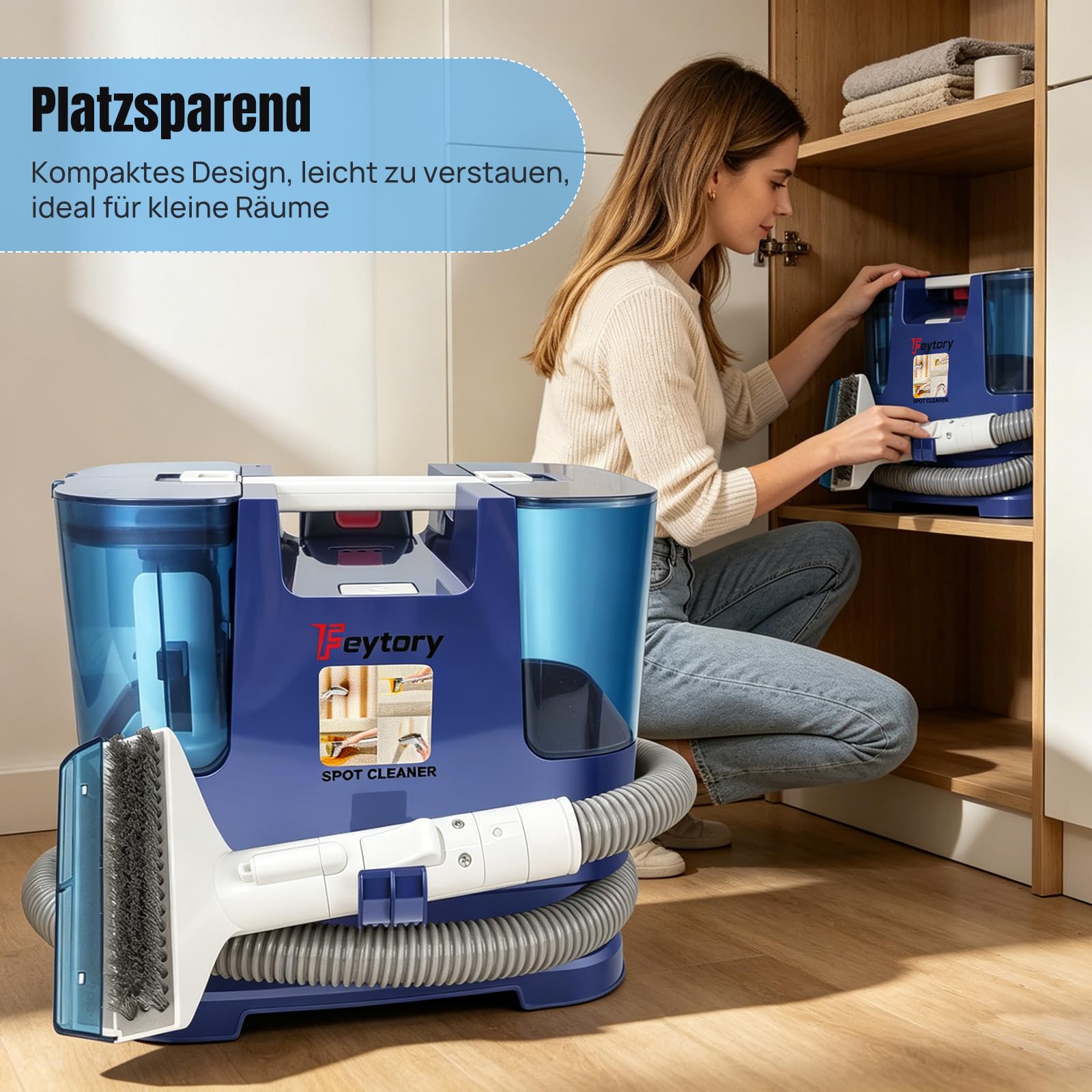 Akku Spot Cleaner, 3-in-1 Teppichreiniger mit 2 x 21V Akku, 600ml Frisch-/Abwassertank, Tragbarer Polsterreiniger für Sofa, Teppich, Matratze, Autositze, Tierhaare & Flecken
