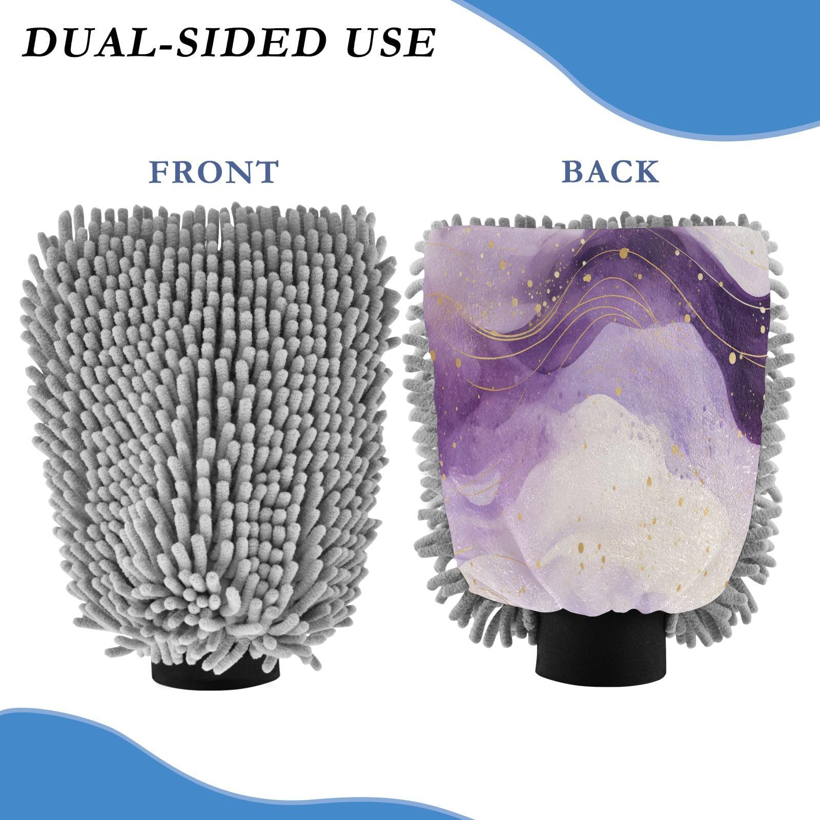 GakkiGii Violet Marble 2 Pack Microfiber Car Wash Mitts, Dual-Sided Chenille Gloves, Scratch-Free for Auto Detailing & Home Cleaning, M