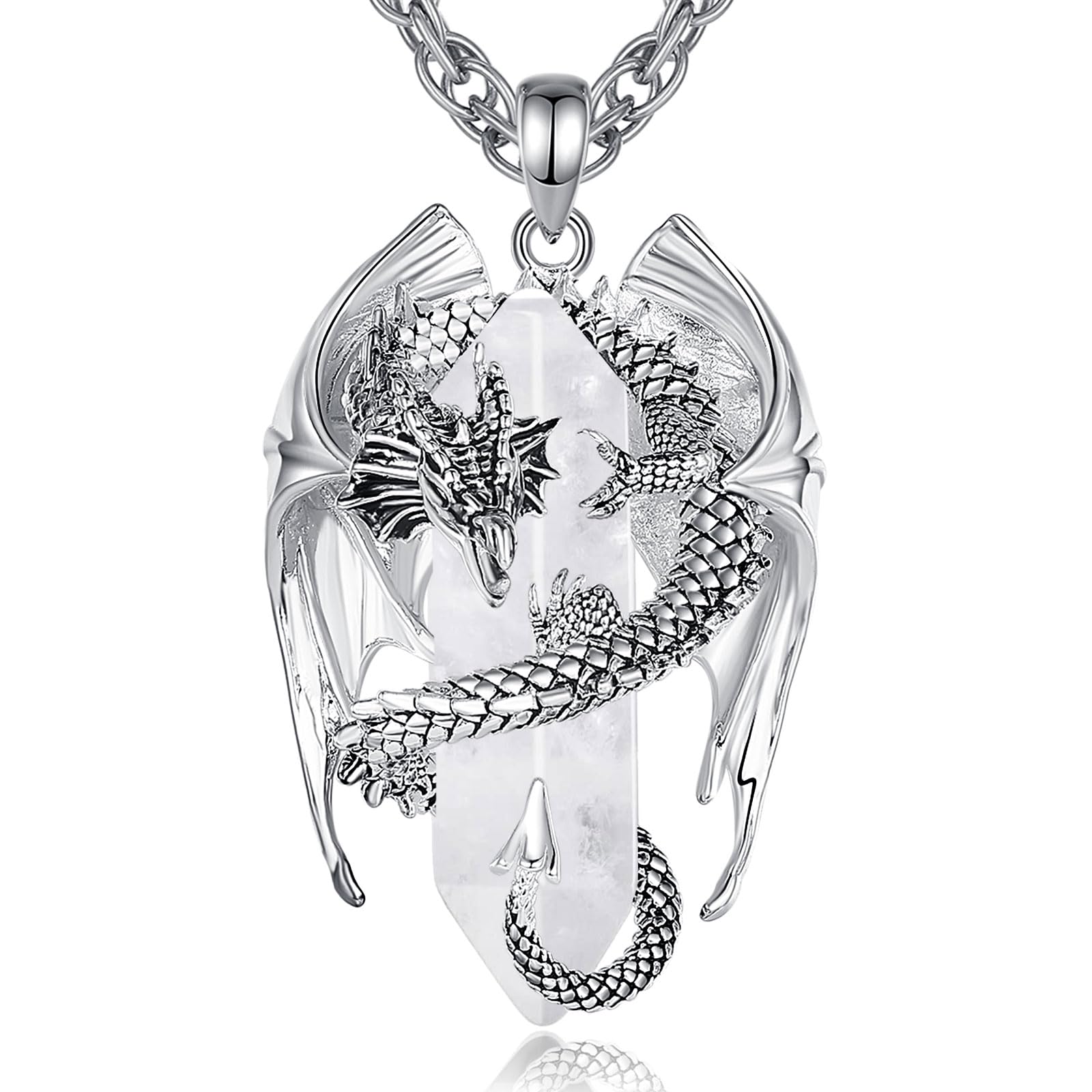 INFUSEU Kristall Drachen Kette, Nordischer Drache Gewickelter Zylinder Edelstein Anhänger Gothic Naturkristall-Schmuck