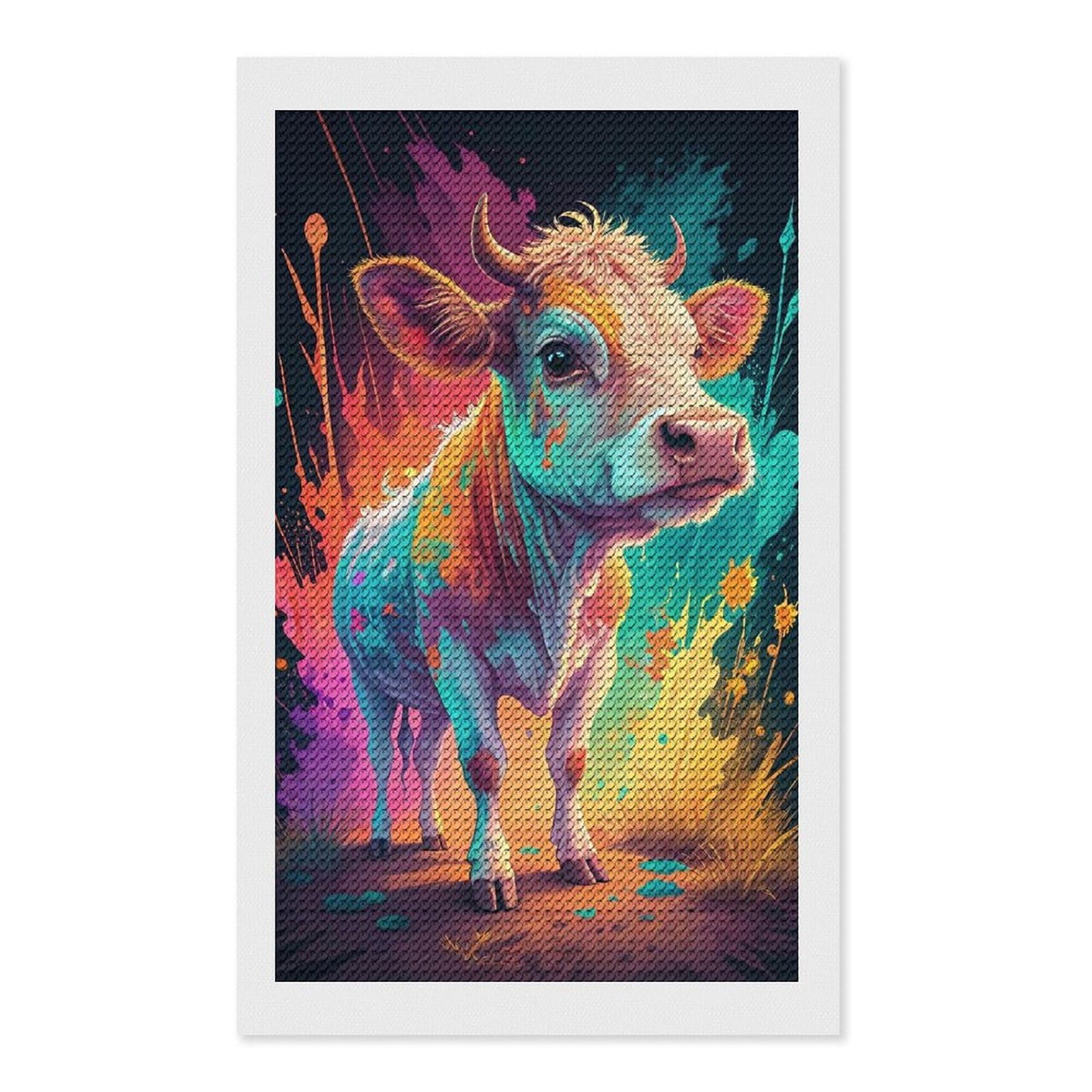 Junmoney Colorful Cow with Splattered Paint Diamond Painting Canvas Set 12"x20", for Adults, Bedroom Decor, Good for Quiet Evenings, Festive Craft Gift