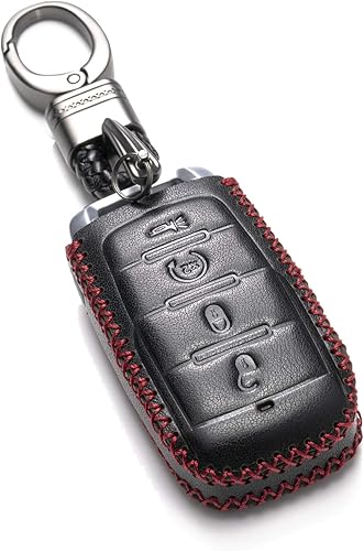 Vitodeco - Funda de piel auténtica para llave inteligente con control remoto sin llave para RAM 1500, NegroRojo