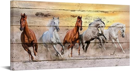 LevvArts - Lienzo de caballo grande para pared, impresión de animales salvajes sobre lienzo, caballos corriendo sobre fondo de madera vintage,