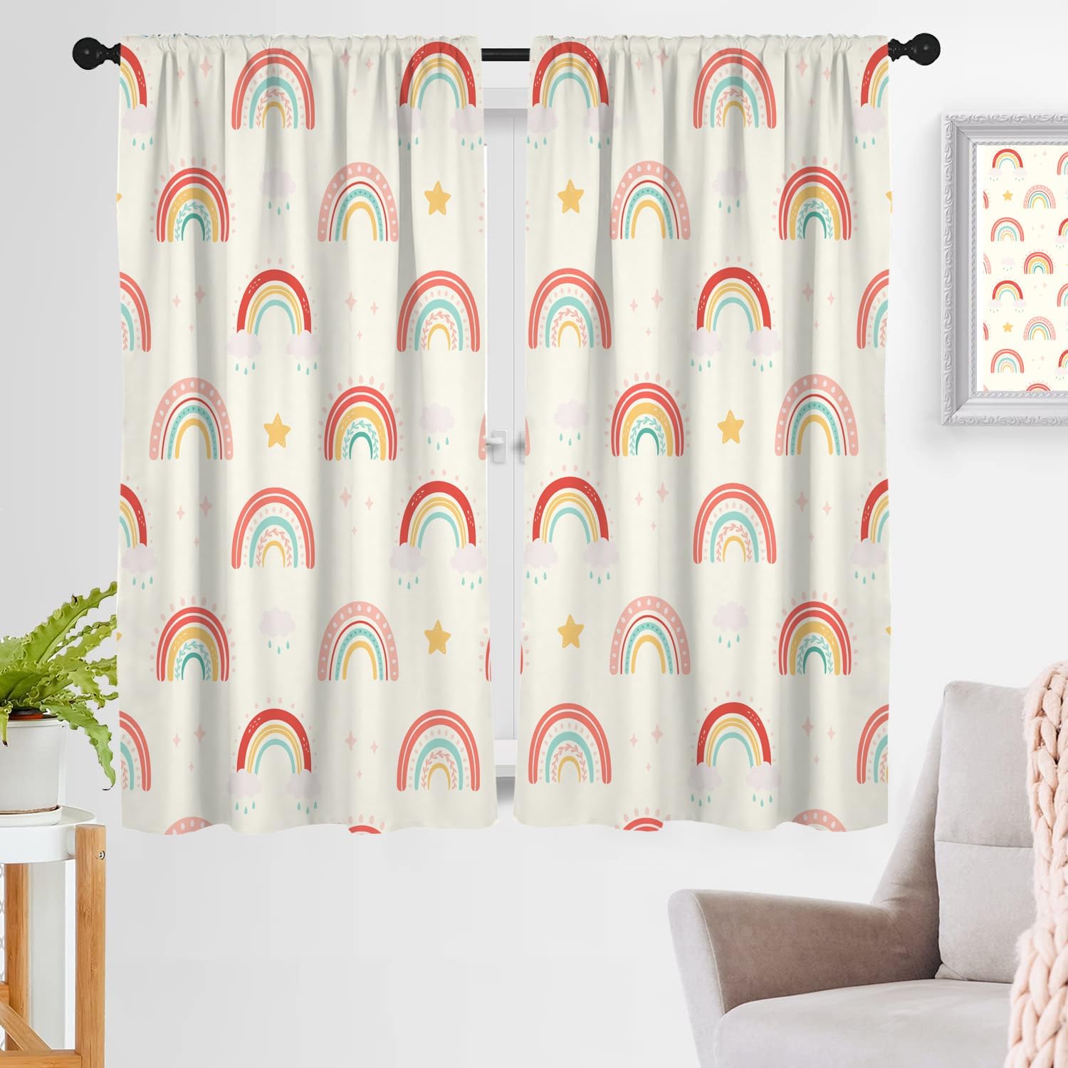 zokyer Kids Rainbow Window Curtain Classroom Playroom Girls Girly Cloud Cute Nursery Toddler Cartoon Art Pattern 42" W x 63" L for Living Room Bedroom Bathroom Set of 2 Panels Rod Pocket Drapes