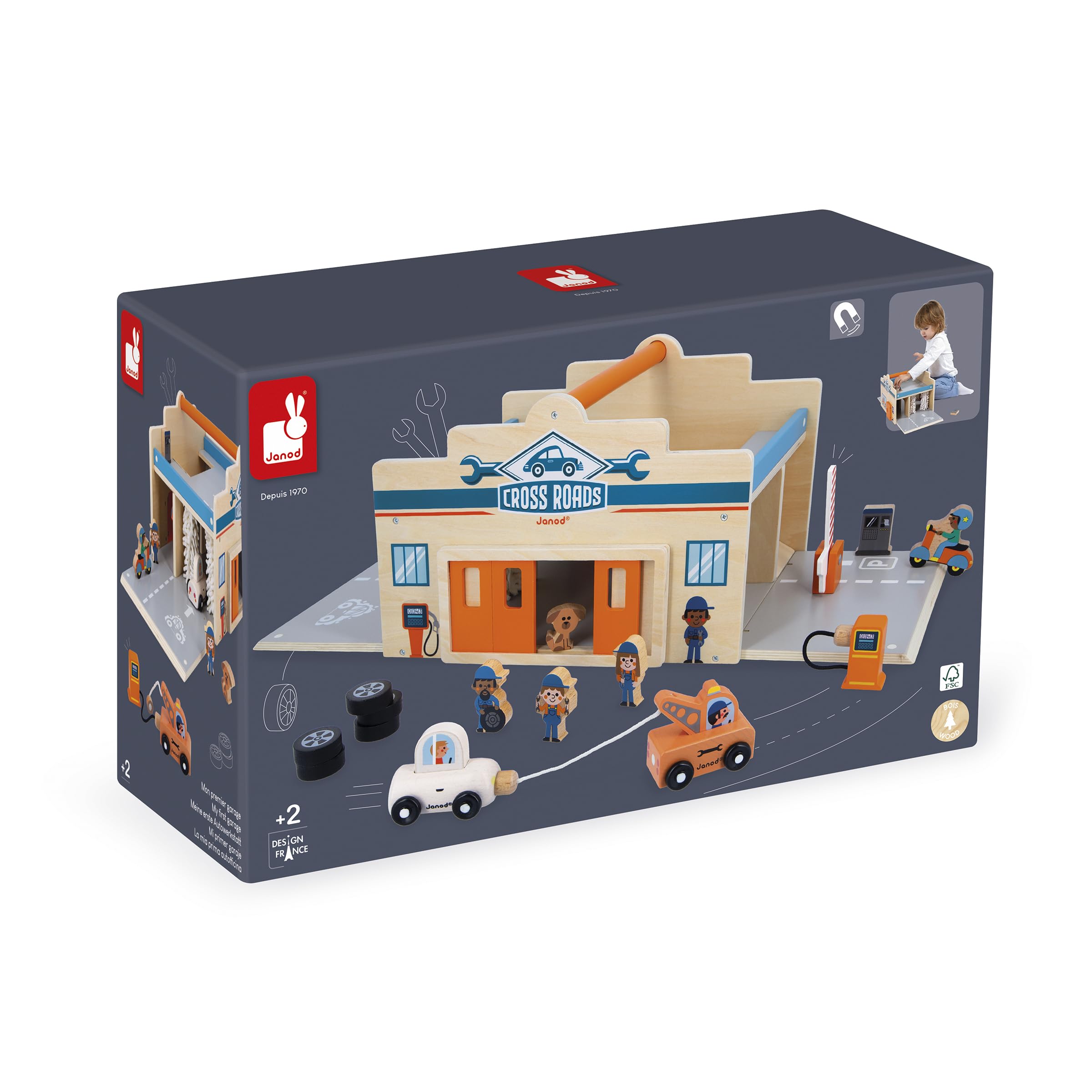 Janod - Mon Premier Garage Voitures en Bois Enfant 2 Ans et Plus - 2 Niveaux, Atelier Mécanique + Lavage Auto - 15 Accessoires Inclus - Dès 2 Ans