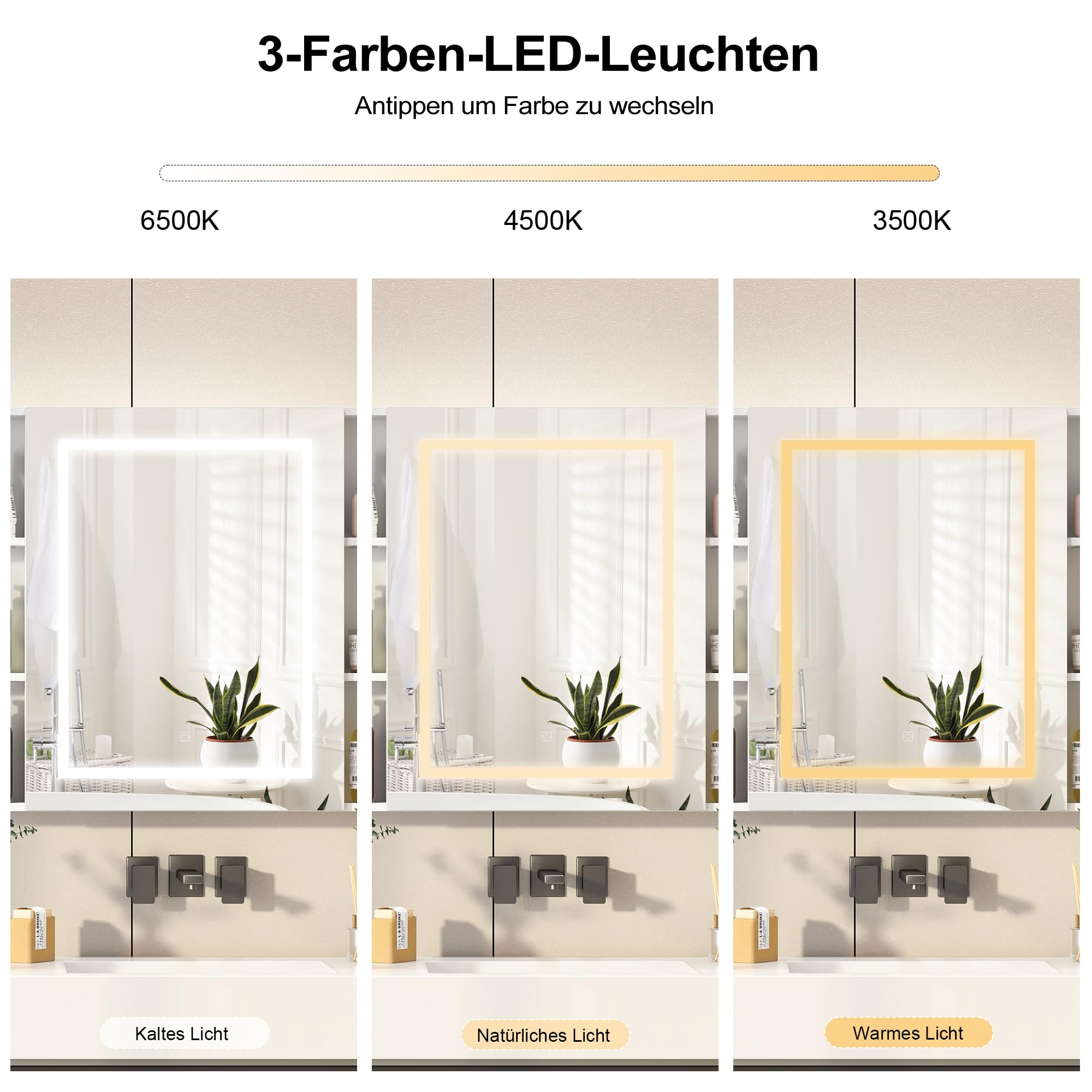 KEEPREAPER Spiegelschrank Bad mit Beleuchtung,Spiegelschrank mit LED-Beleuchtung & Offenen Regalen – 3-Farben-LED, Helligkeitsregelung & HD-Spiegel für Badezimmer (100x76x13.5cm)