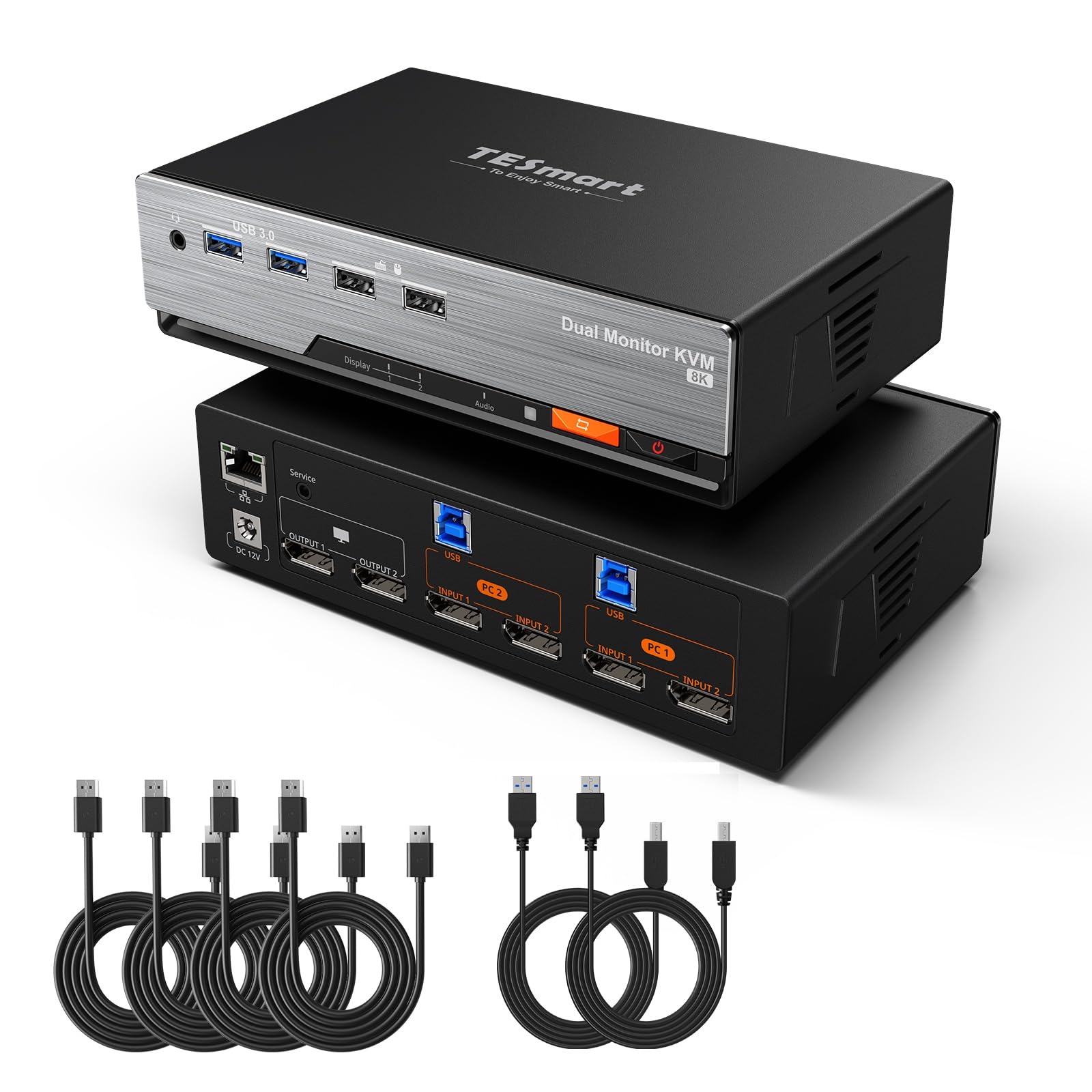 TESmart Conmutador KVM DisplayPort 1.4 Dual Monitor DKS202 Master 24 KVM Switch 2 Port 8K 60Hz 4K 144Hz Hub USB 3.2 LAN Gigabit Tira LED RGB para 2 Ordenadores PC Gamer Oficina