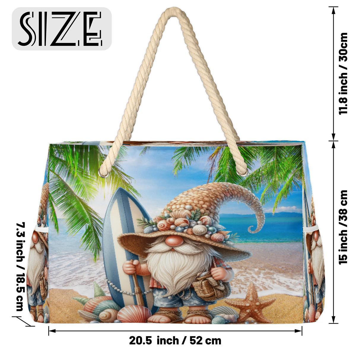 Cemfyzoch Summer Gnome Large Beach Bag with Zipper Waterproof Sandproof Beach Bags for Women Water Resistant Swim Pool Bag Shoulder Backpack Essentials Travel Tote Bags for Gym Vacation Cruise