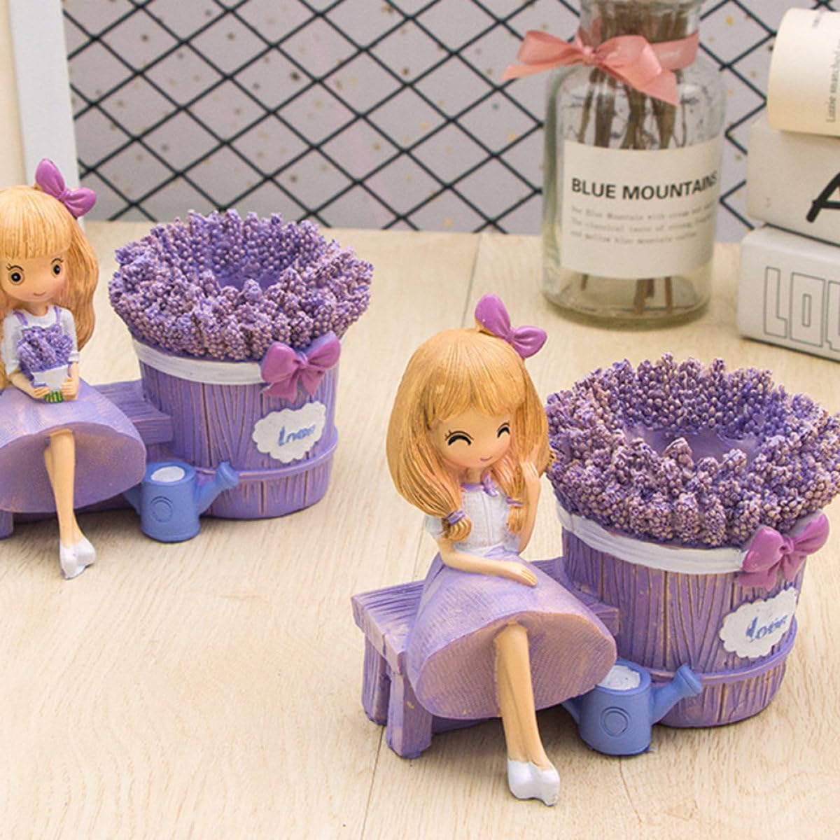 BESTYASH Portalápices de Resina Lavanda para Escritorio, 2 Piezas | Figura Creativa, Estilo Abrazo Flor y Sonrisa Guiñada, Adorno de Mesa, Paquete Doble