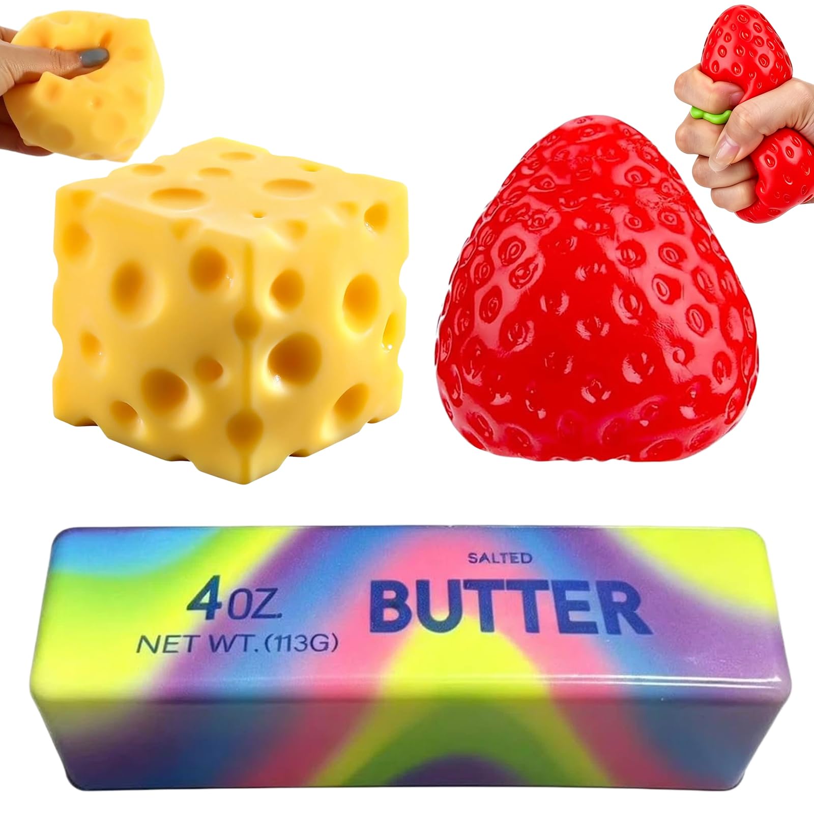3PCS Squishy Pack Cheese Shishy Strawberry Stress Ball Rainbow Butter Squishies Taba Squishy Kit Stress Relief Fidget Toy