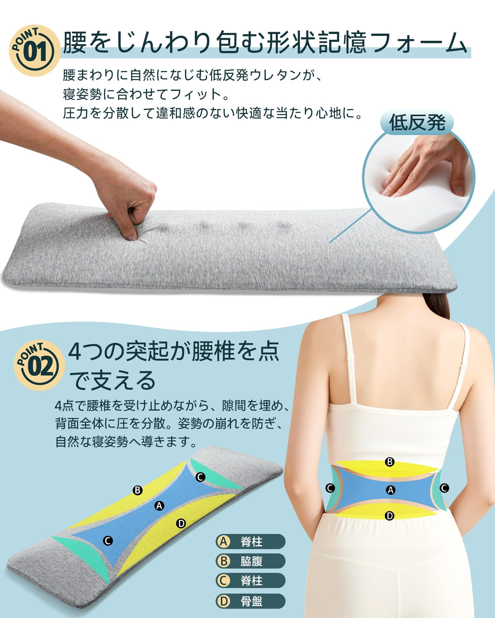 Amazon｜MuGaoDee 腰枕 低反発 腰痛 クッション 就寝用【高さ3CM・寝 