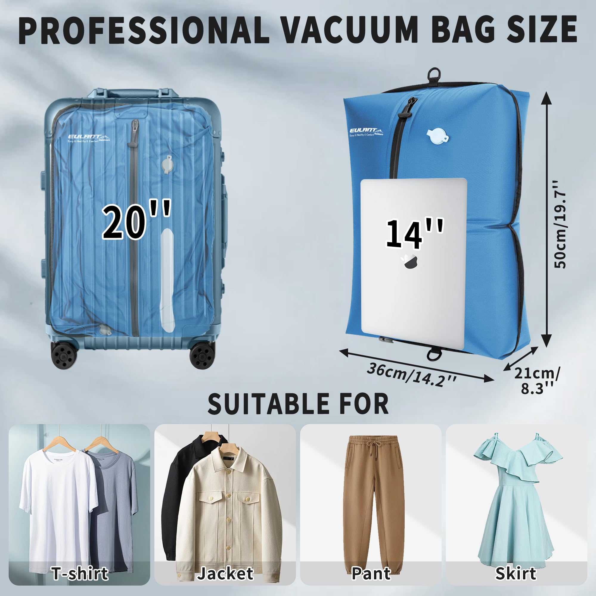 EULANT Wasserdicht Vakuumbeutel für Reisen mit Pumpe, Wiederverwendbare Kompressionsbeutel für Koffer/Gepäck/Rucksack, Vakuumversiegelungsbeutel mit IPX8 Luftdichtem Reißverschluss, Blau*2