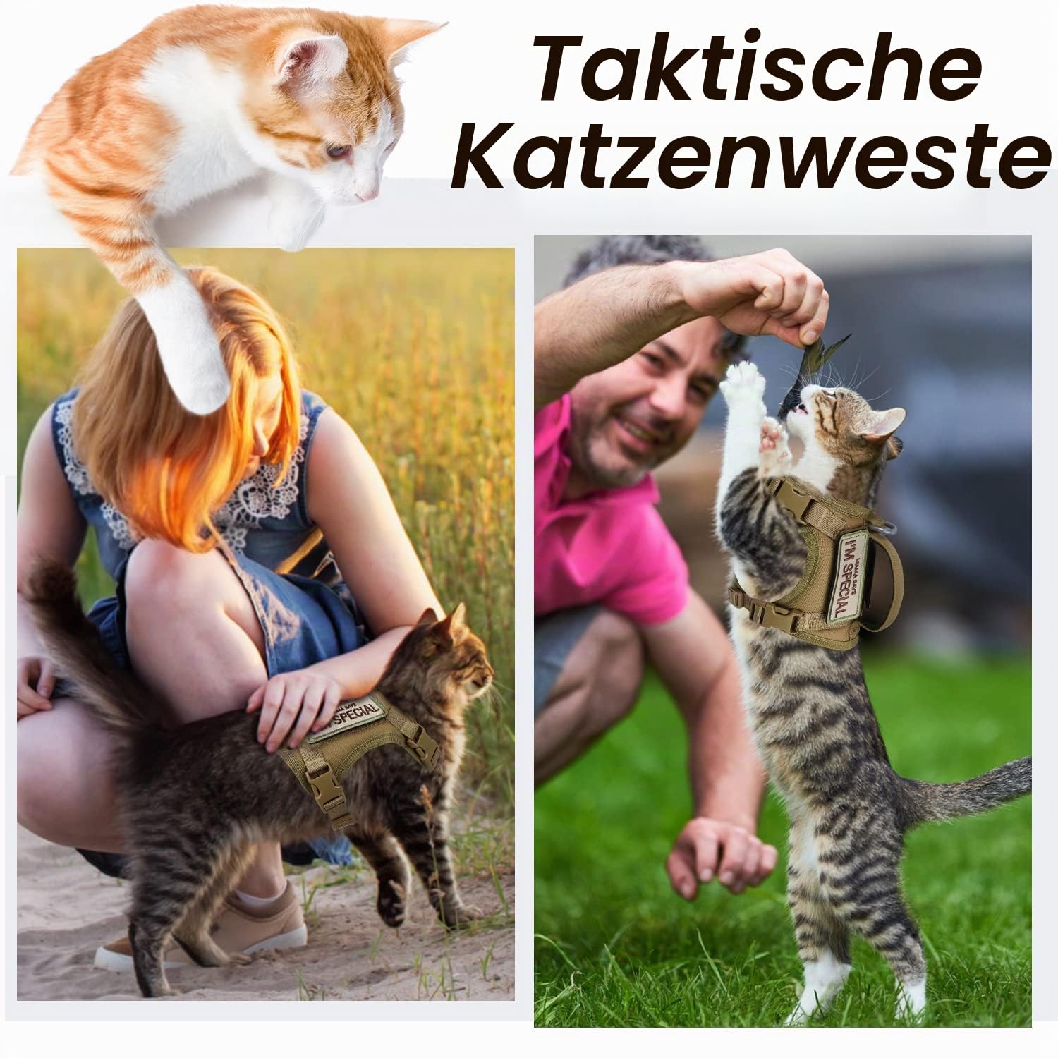 Taktisches Katzengeschirr für Spaziergänge, ausbruchsicher, weiches Netzgewebe, verstellbar, Haustierweste, Geschirr für große Katzen und kleine Hunde (M, Khaki)